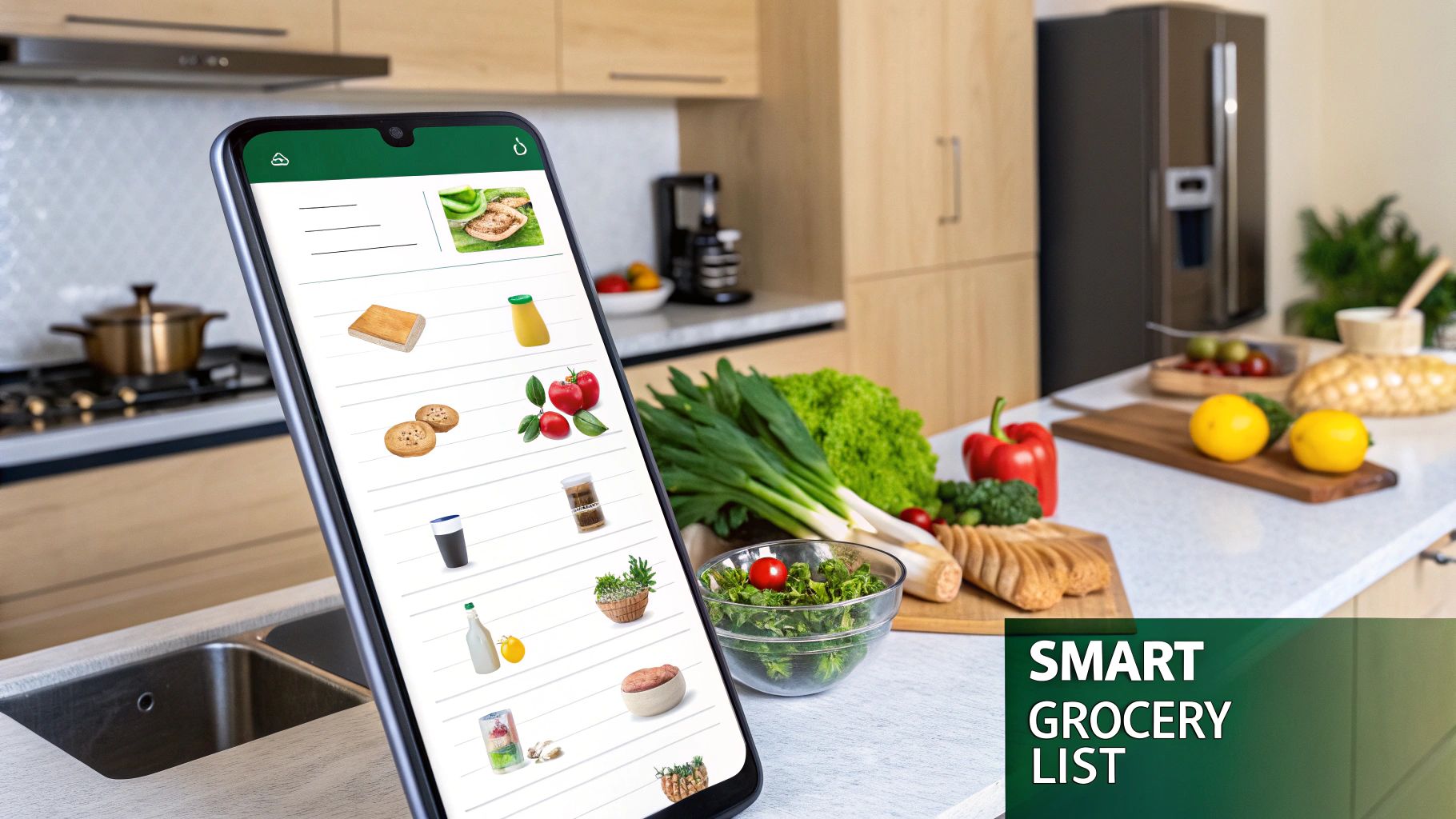 A person checking a digital grocery list on their phone while pushing a shopping cart.