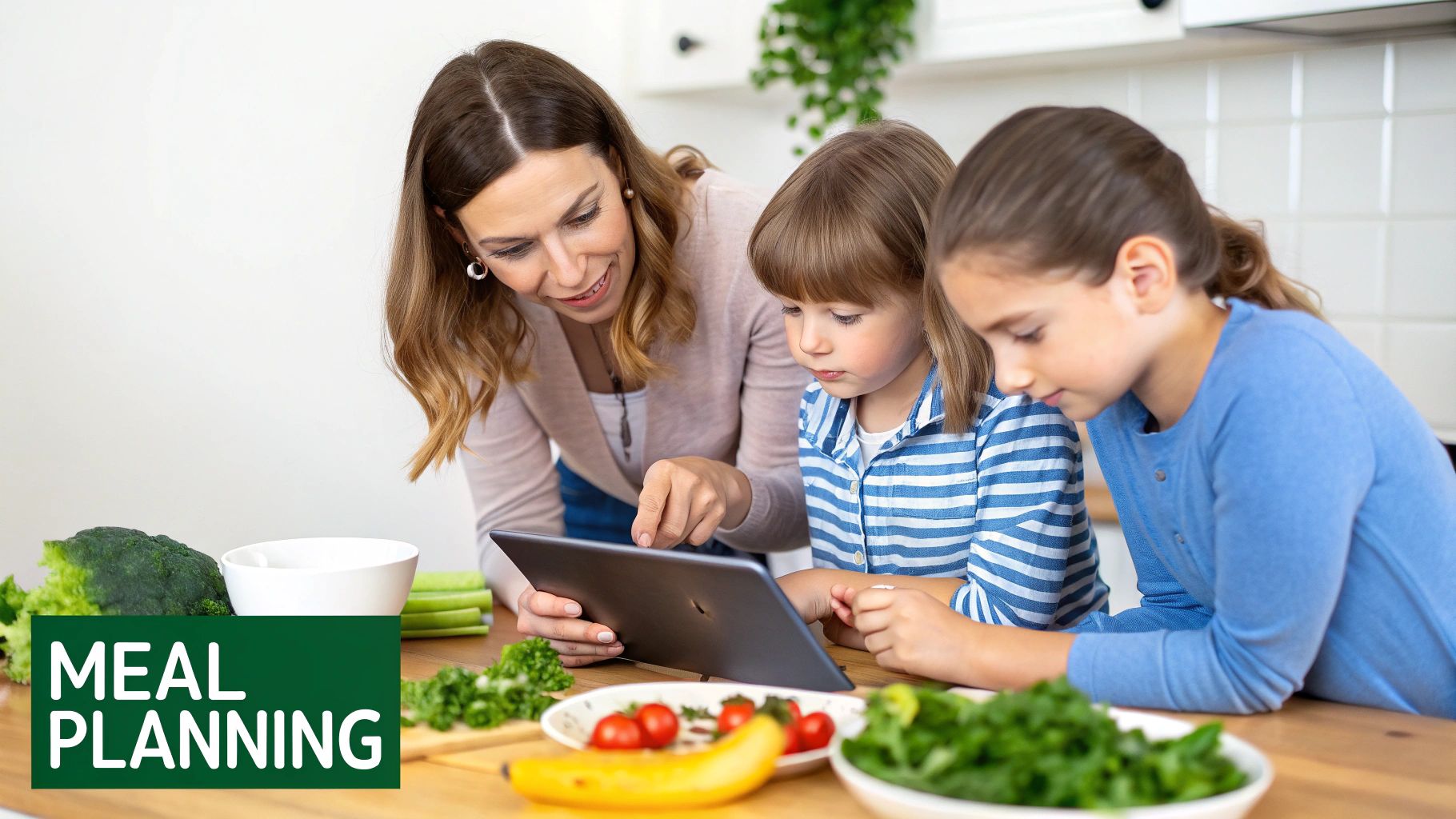 A mother and two children use a tablet for meal planning, surrounded by fresh produce in the kitchen.