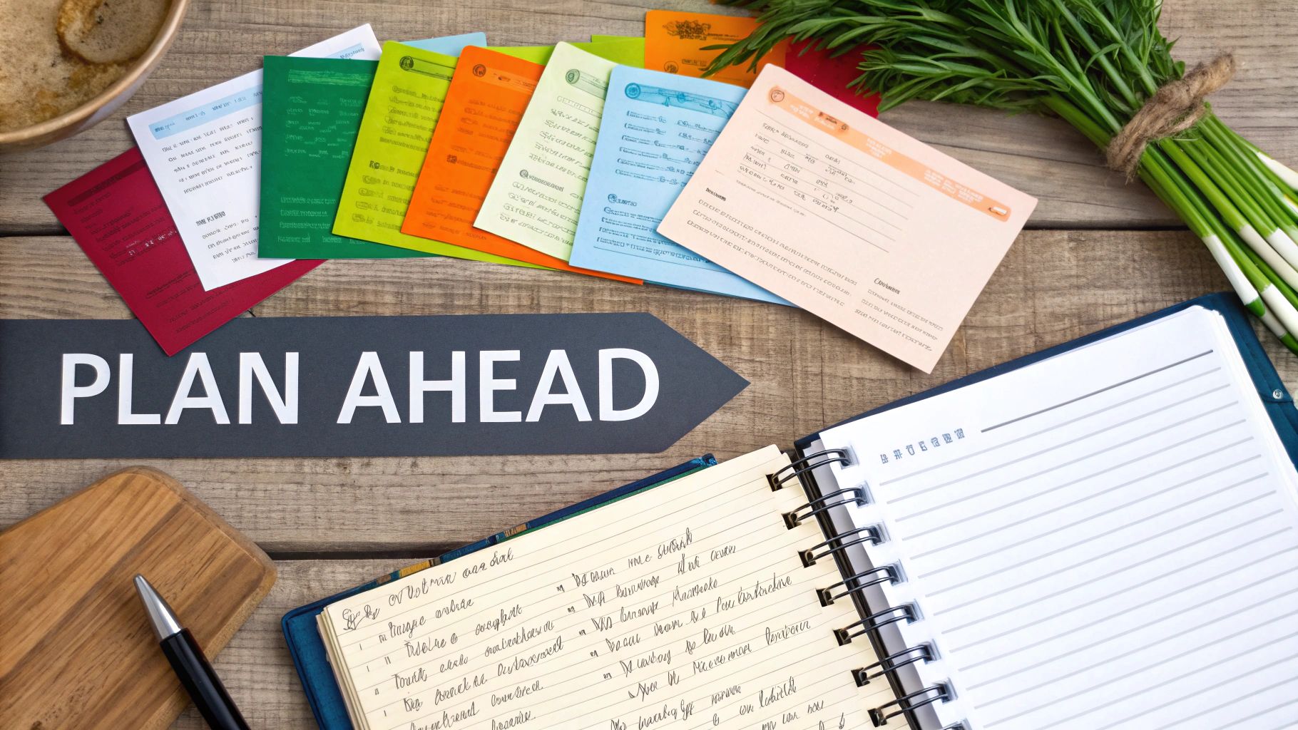 A person writing a weekly meal plan in a notebook surrounded by fresh vegetables and recipe books.