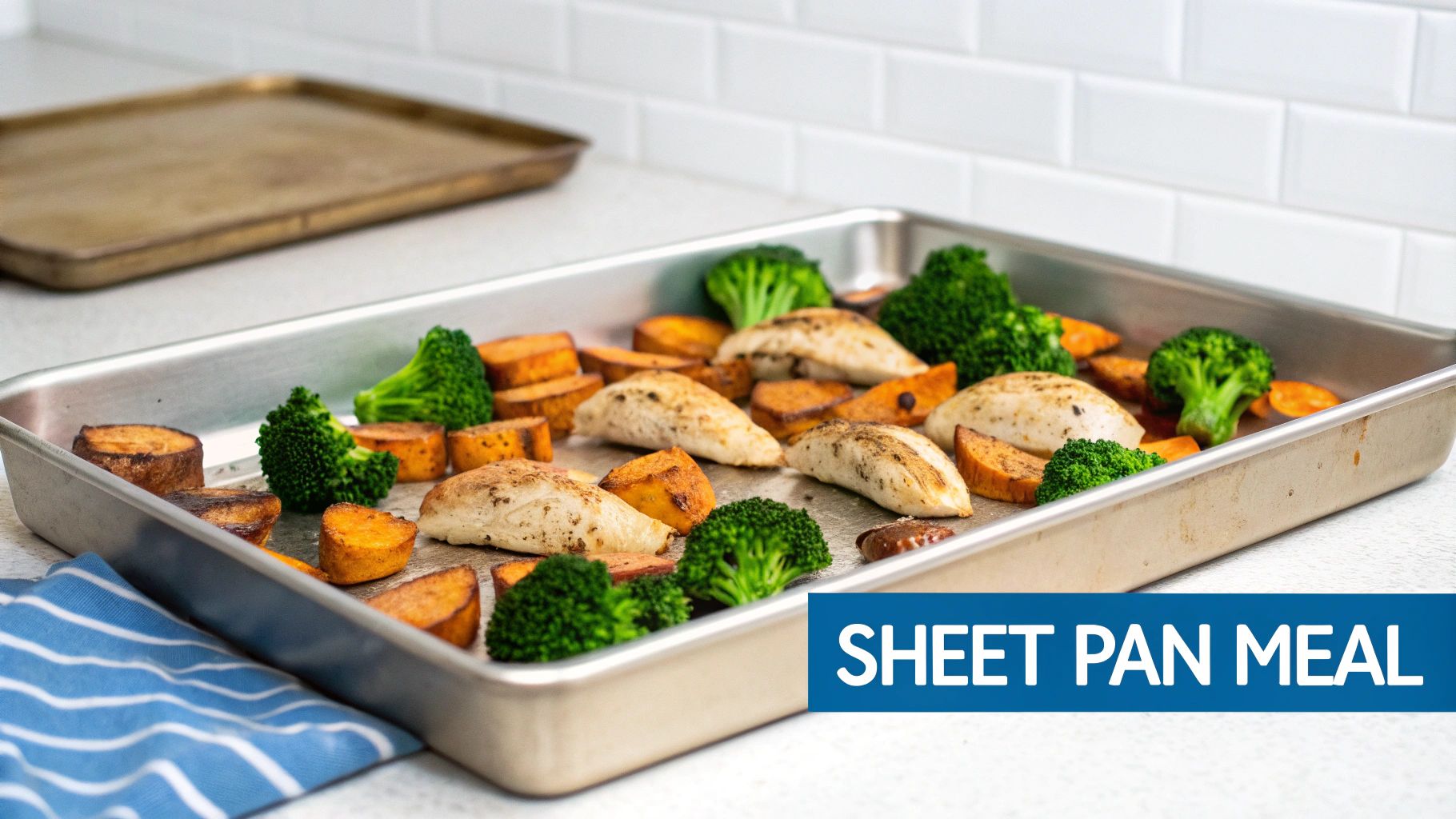 A sheet pan filled with roasted chicken breasts, broccoli florets, and sweet potato chunks.