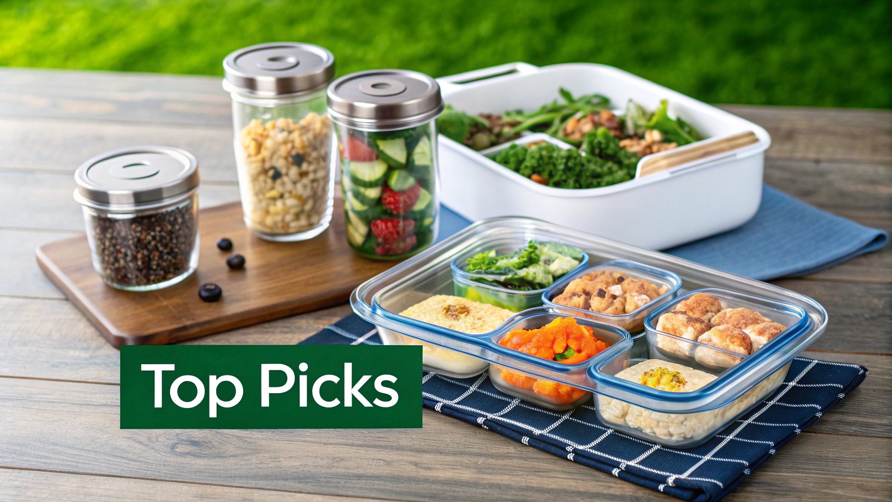 Diverse meal prep containers hold healthy foods like vegetables, grains, and snacks on a wooden table.