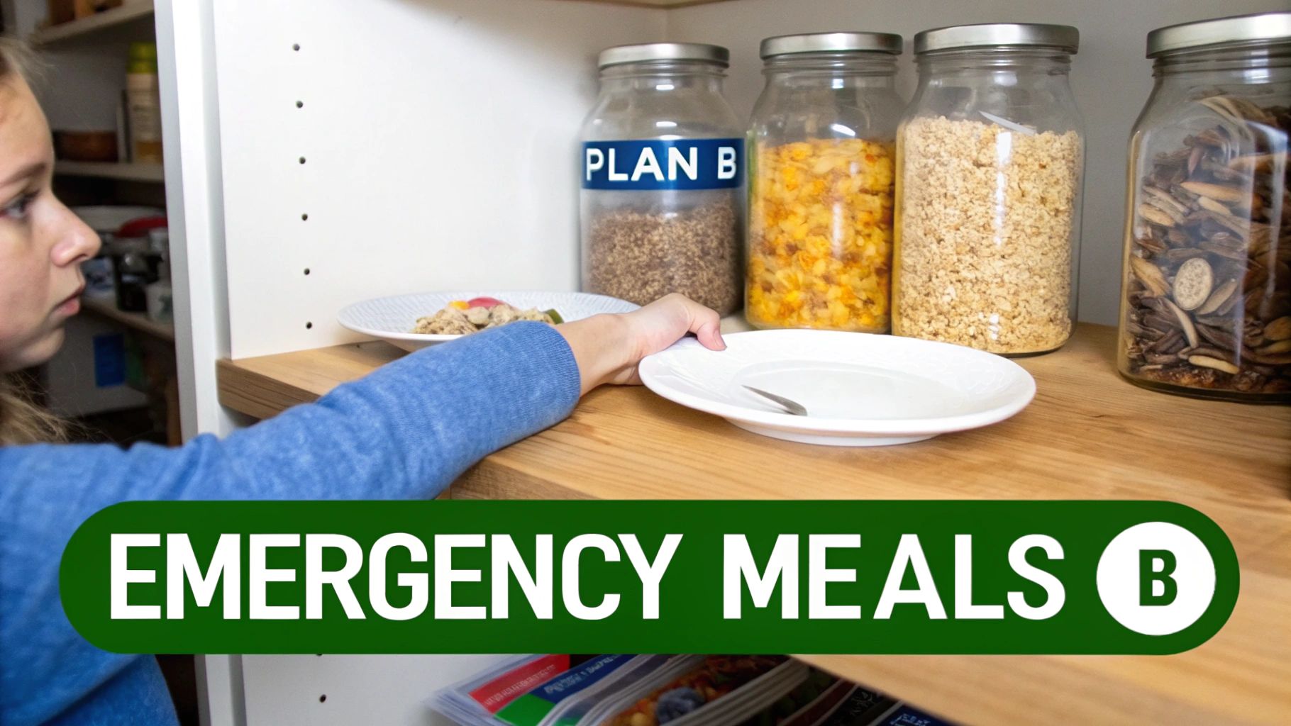 A child reaches for a plate in a pantry with jars of emergency food labeled "PLAN B".