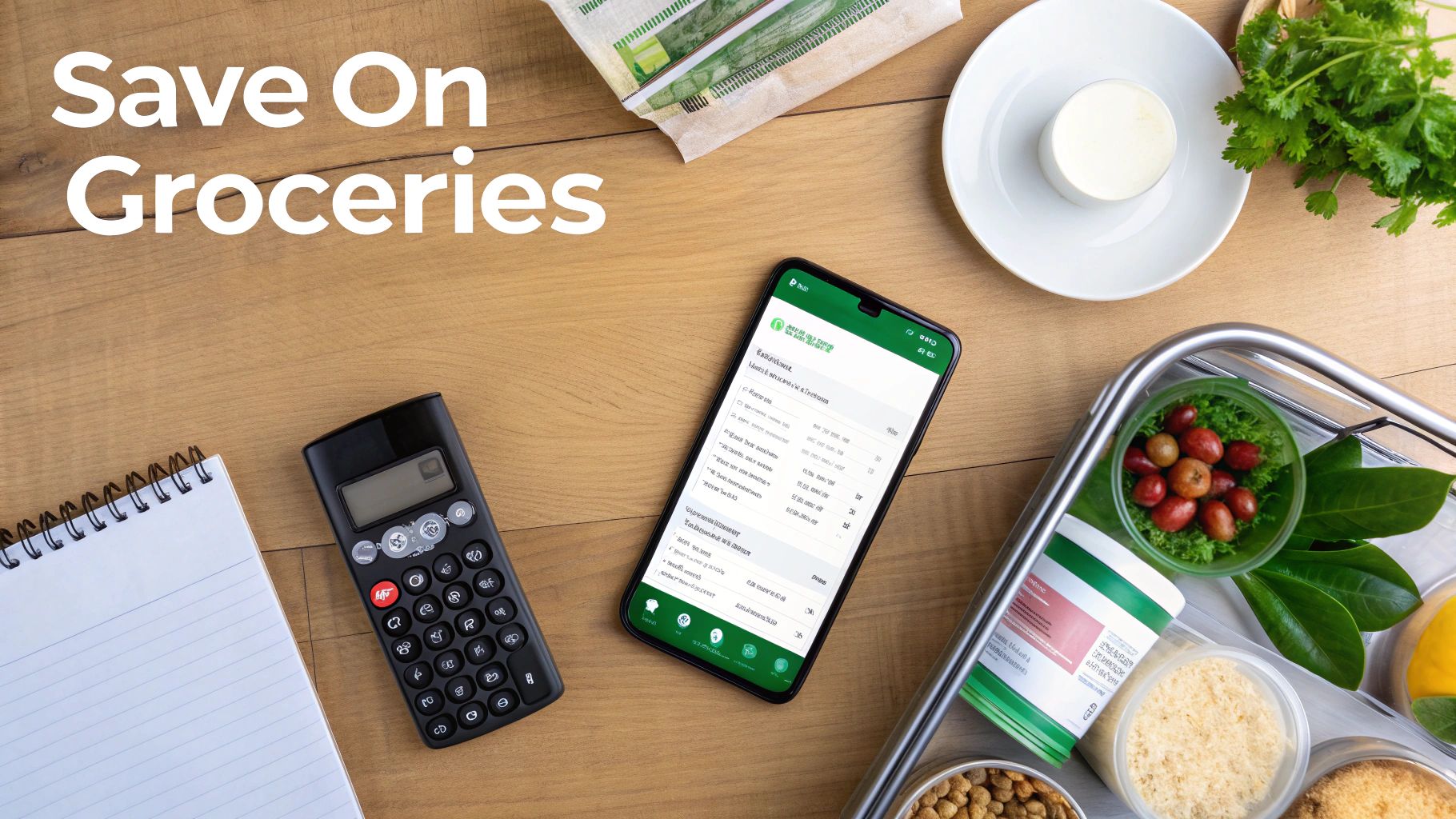 Overhead shot of a phone with a meal planning app, calculator, notebook, and fresh groceries on a wooden table.