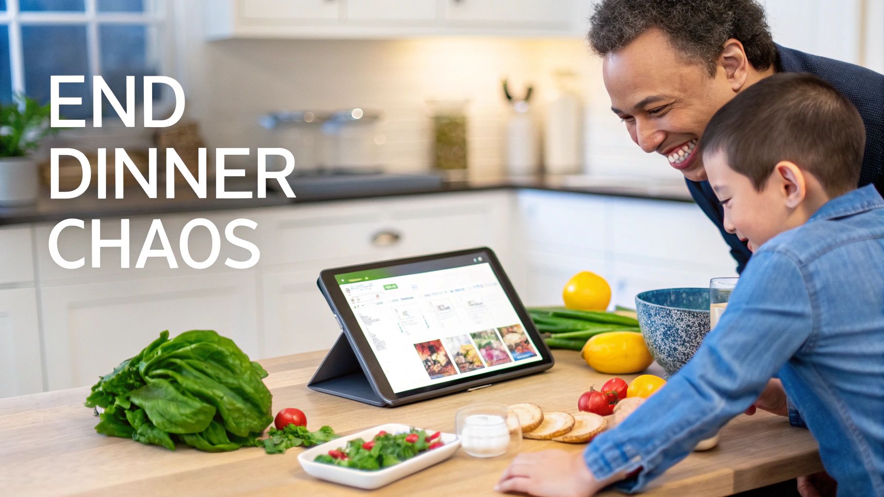 Smiling father and son looking at a tablet showing recipes in a kitchen with fresh produce.