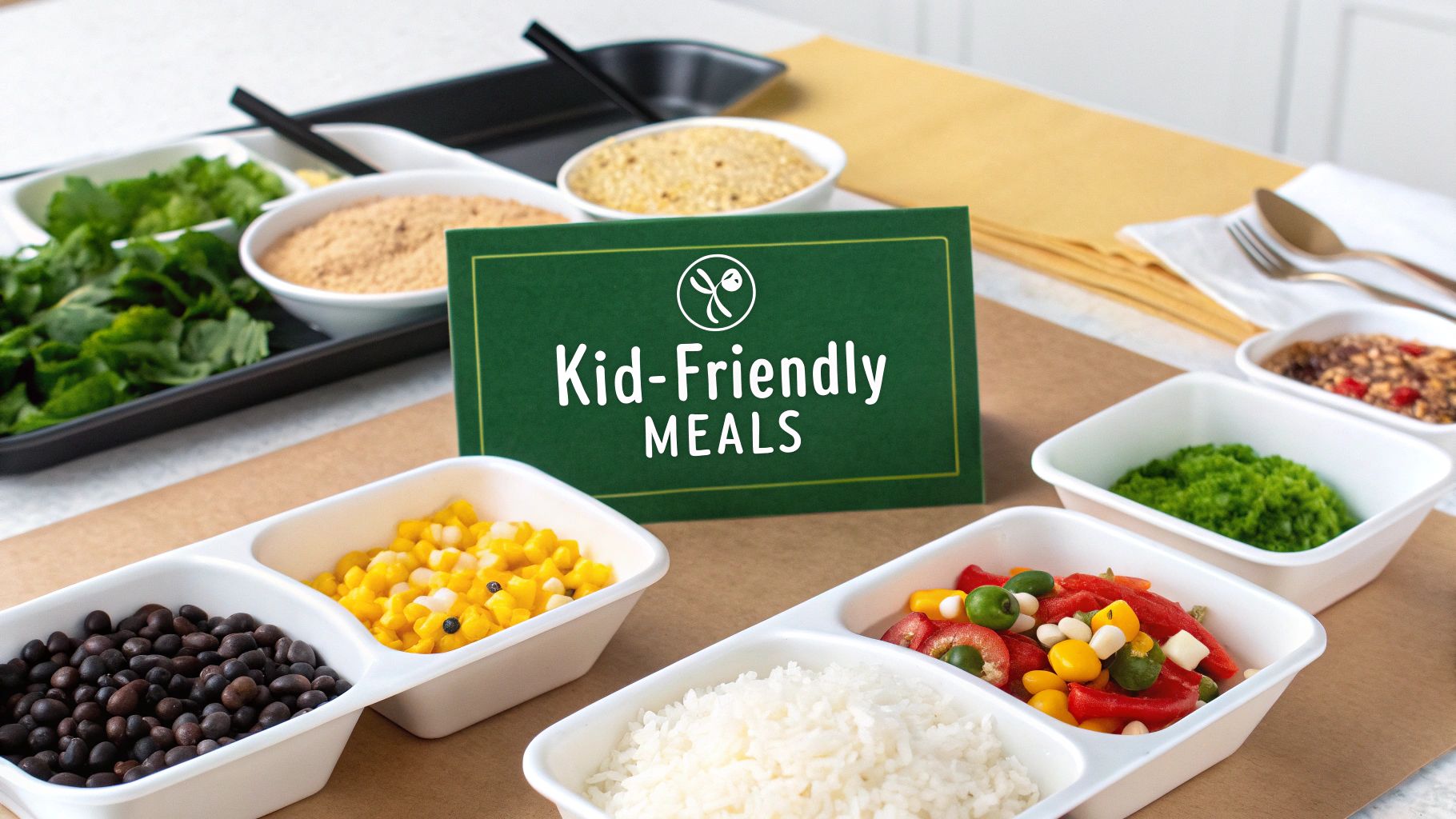 A table filled with various fresh ingredients in containers for kid-friendly meal preparation.