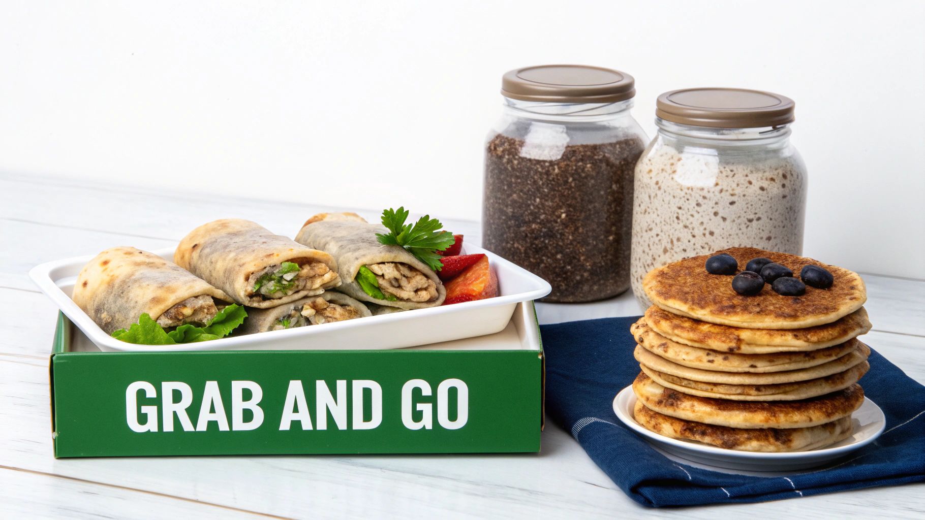 Healthy breakfast meal prep with wraps, pancakes, and chia seed jars on white table