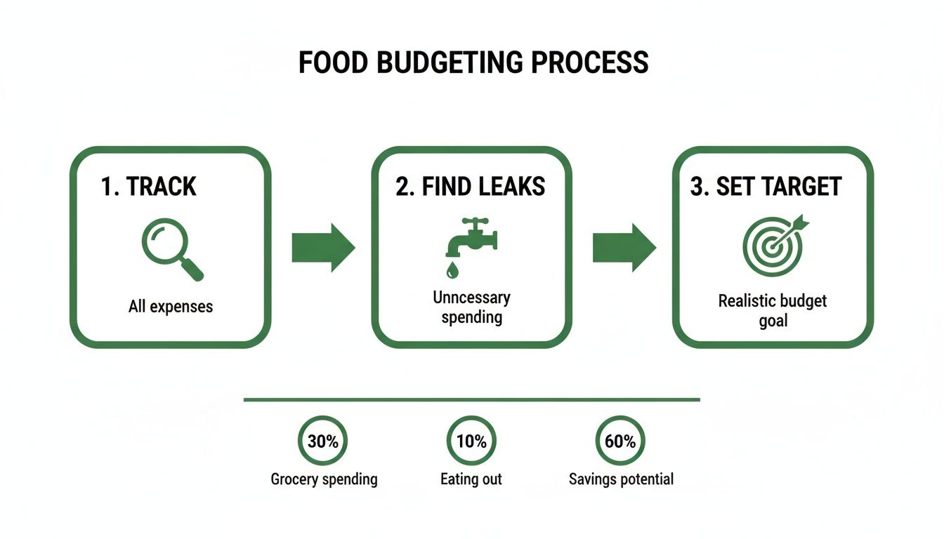 Flowchart illustrating the food budgeting process: track expenses, find spending leaks, and set realistic targets.