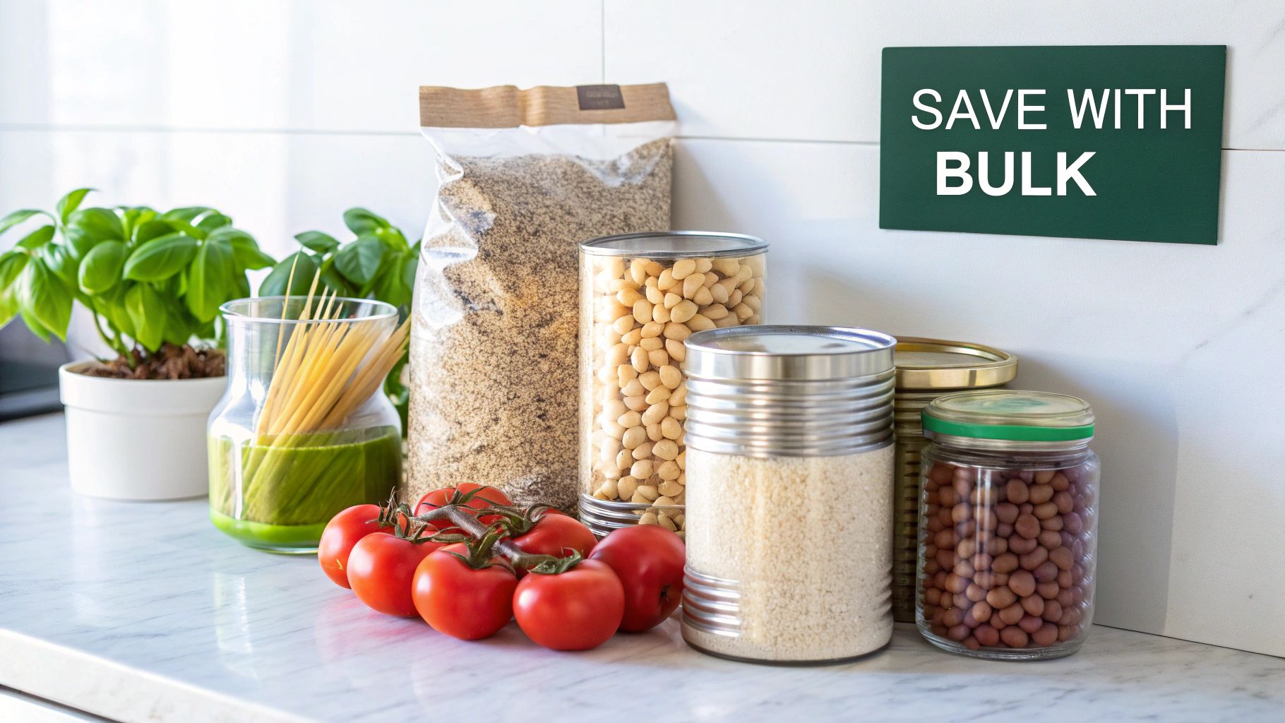 Bulk food storage containers with grains, beans, pasta and fresh produce on kitchen counter