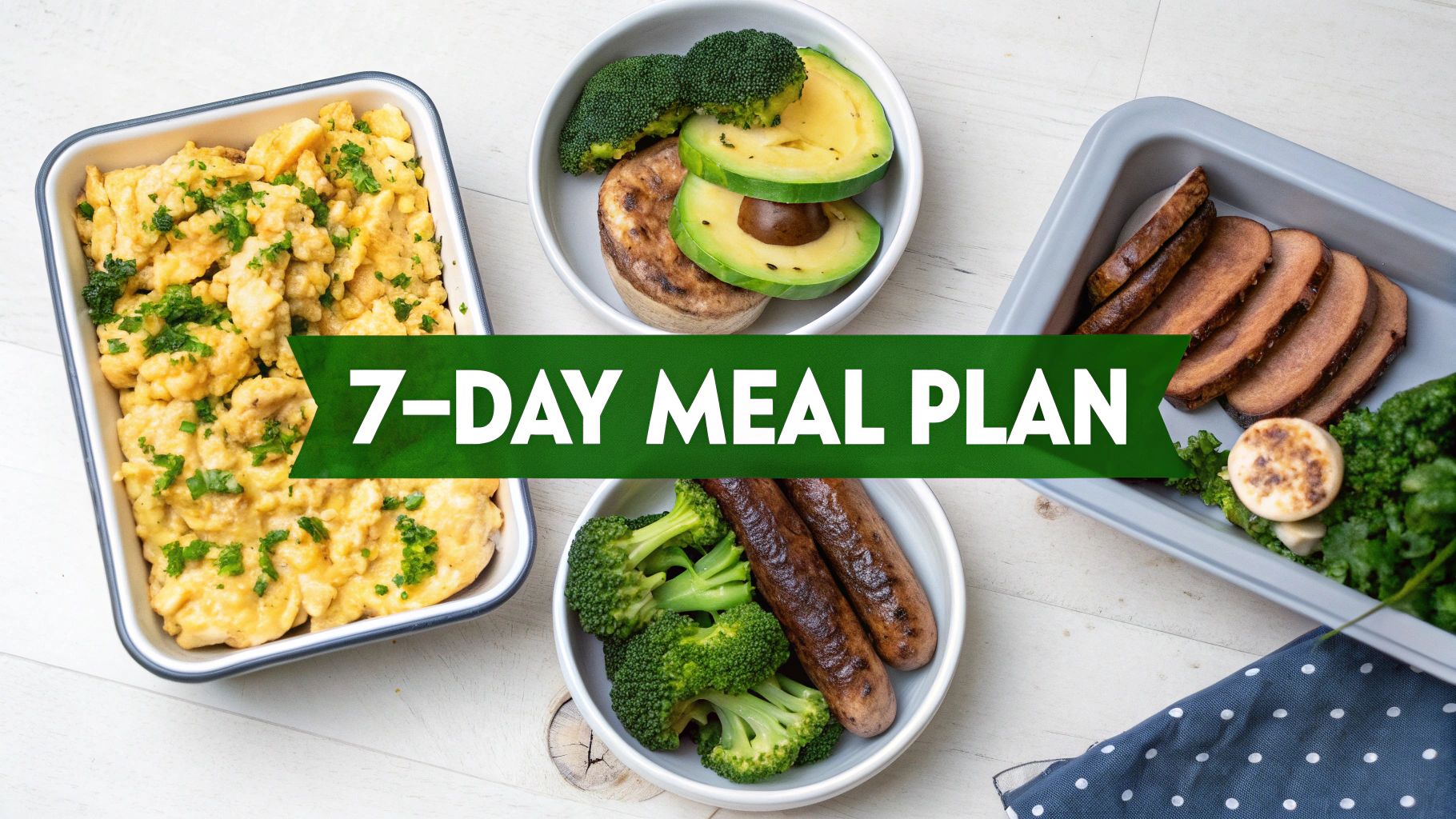 Overhead view of various low-carb meal prep dishes including eggs, avocado, broccoli, sausages, and sliced meat.