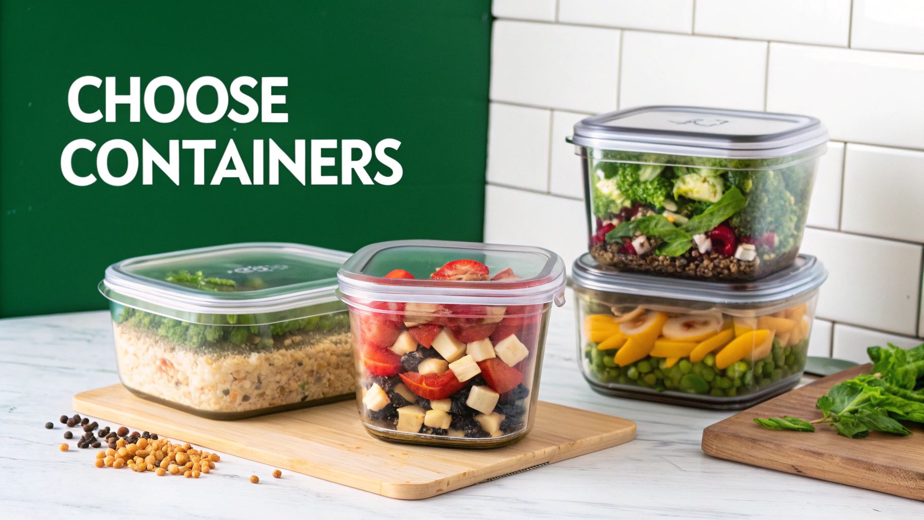 Several clear meal prep containers filled with diverse healthy ingredients like vegetables, fruits, and grains.