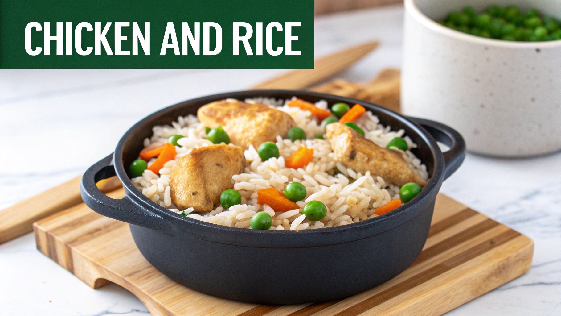 A delicious black pot of chicken and rice with peas and carrots on a wooden serving board.