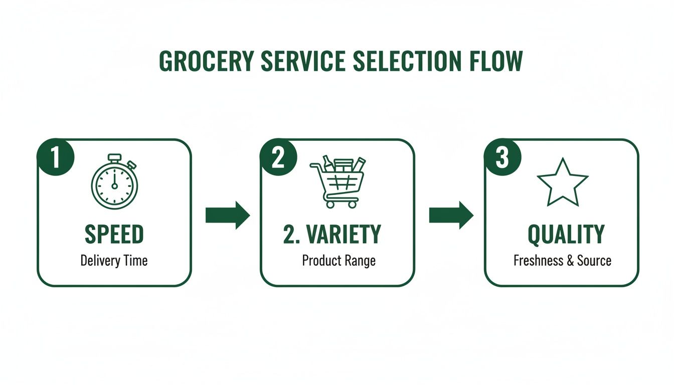 Flowchart illustrating grocery service selection based on speed, variety, and quality.