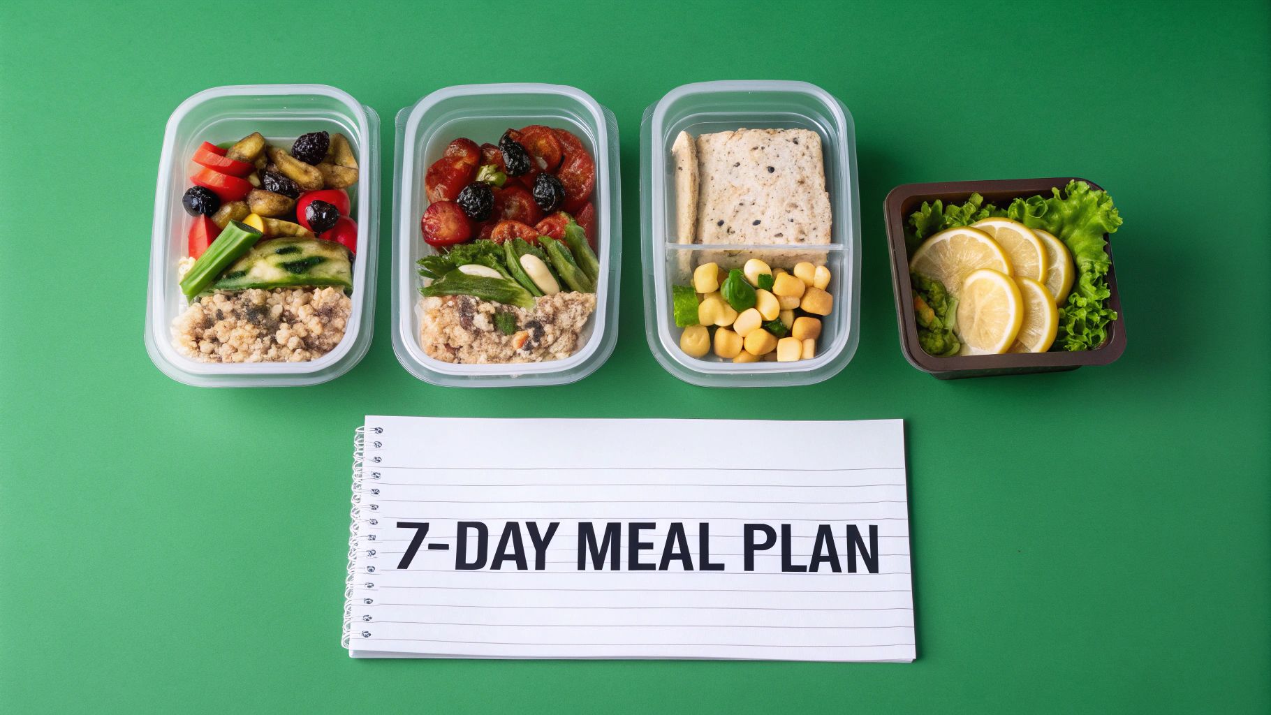 Four meal prep containers with healthy vegetarian food next to seven-day meal plan notebook