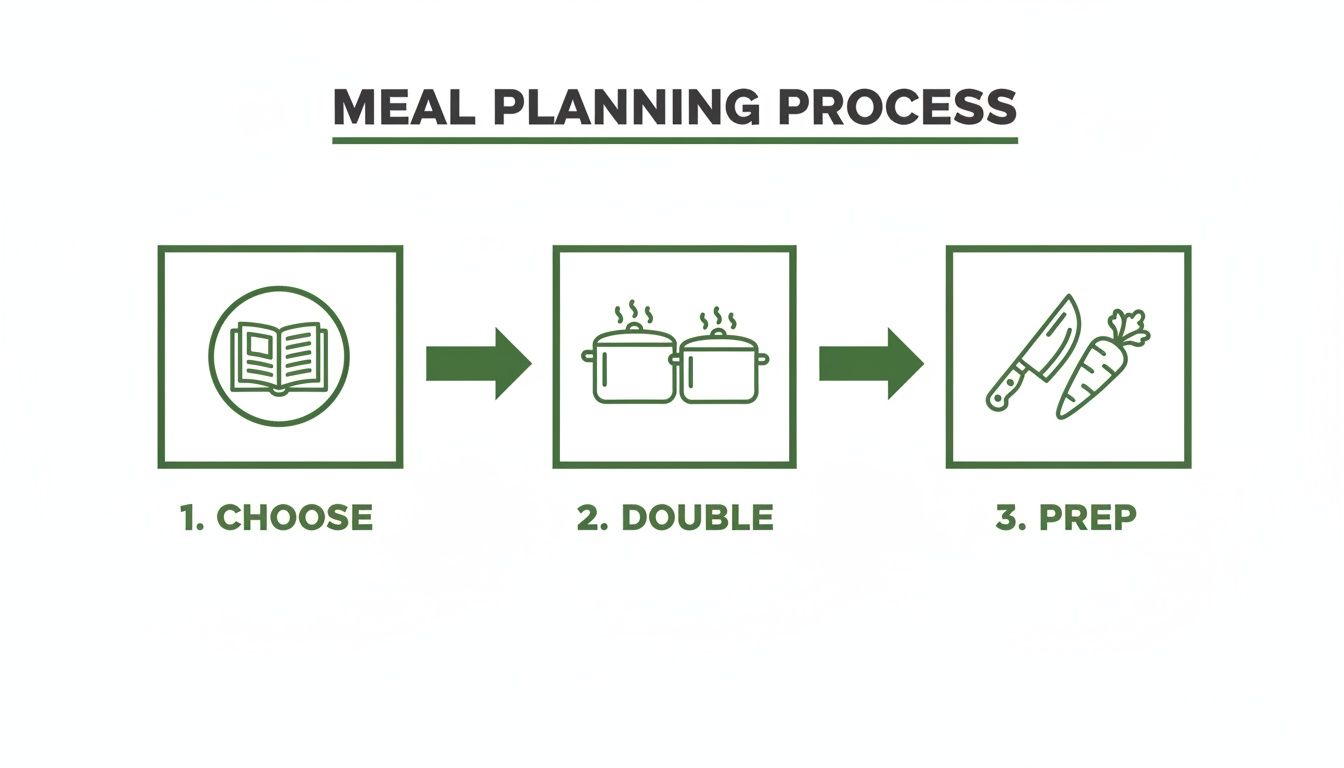 An infographic illustrating a three-step meal planning process: Choose, Double, and Prep.