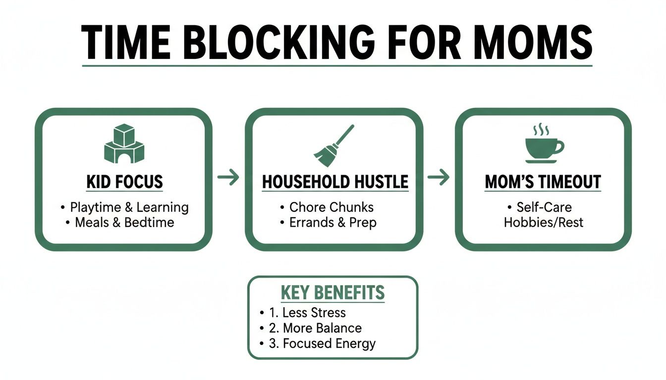 A time blocking for moms diagram showing dedicated blocks for kid focus, household tasks, and mom's timeout, with key benefits.
