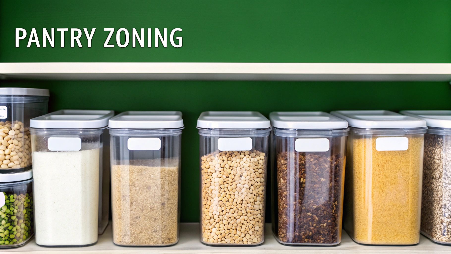 Organized pantry shelf with clear labeled containers storing bulk dry goods like grains and legumes