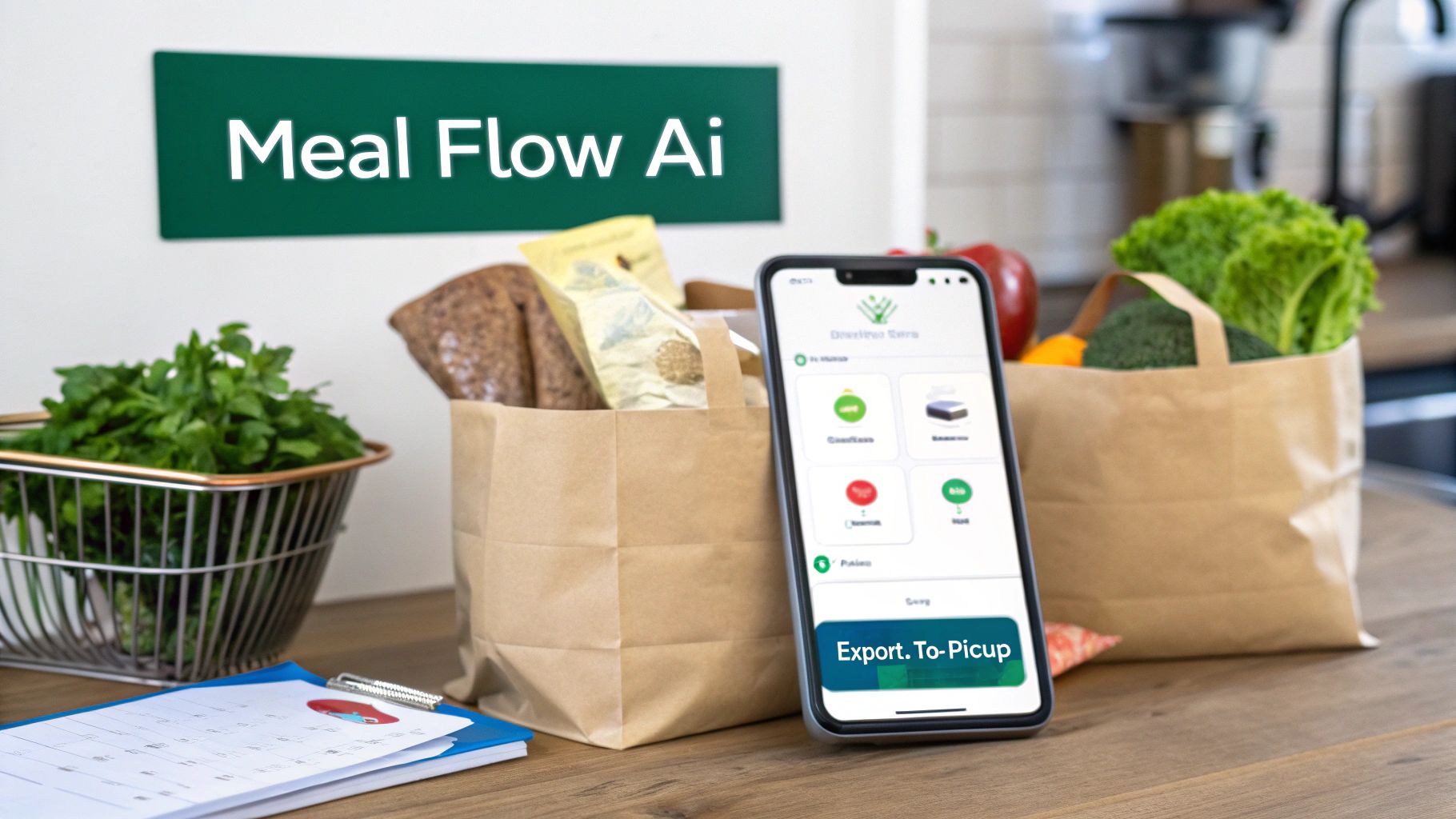 A smartphone displaying a meal planning app, beside grocery bags with fresh produce and bread.
