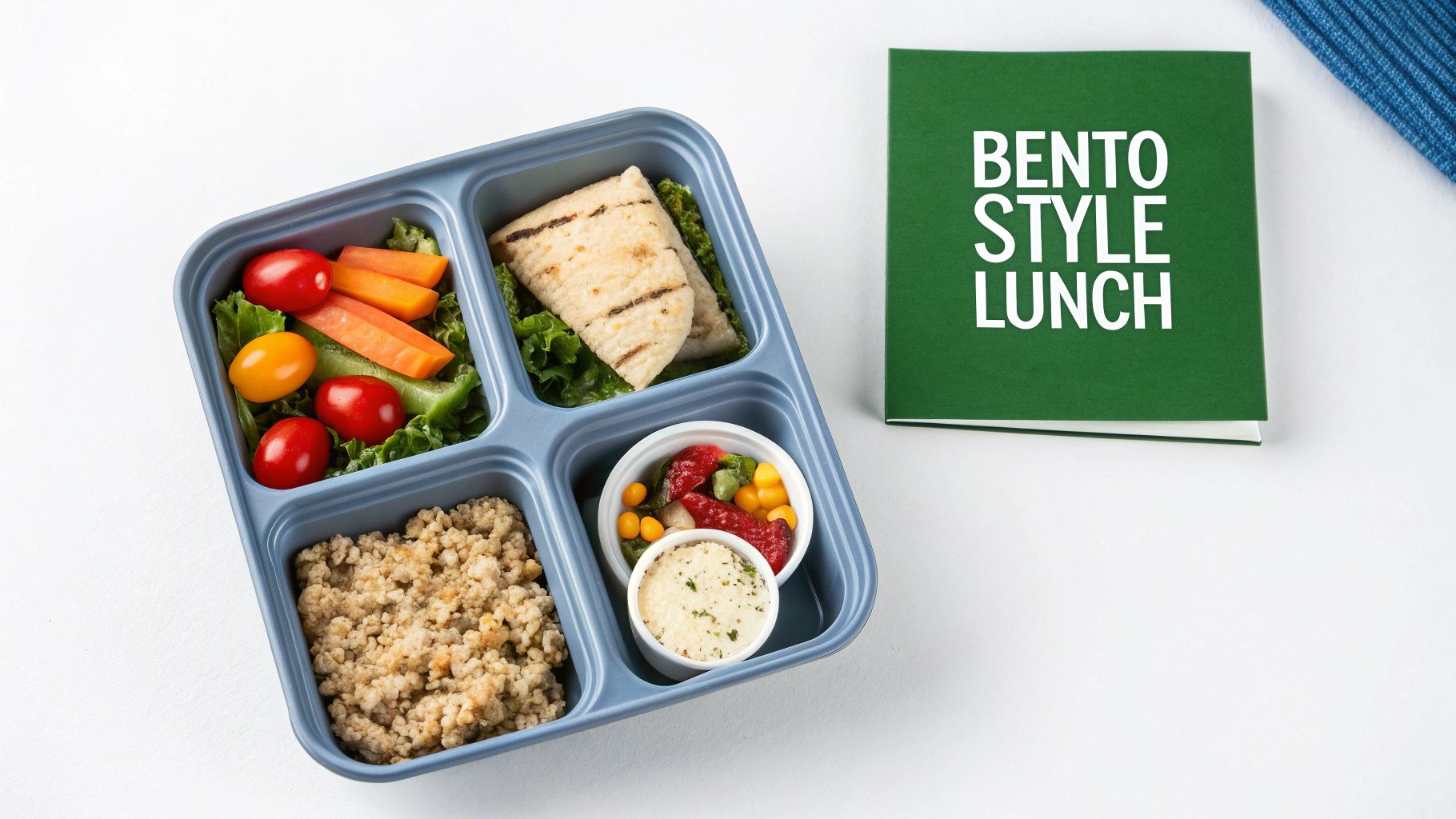 A bento-style lunchbox filled with a fresh salad, grilled flatbread, grains, and vegetable sides, next to a 'Bento Style Lunch' book.