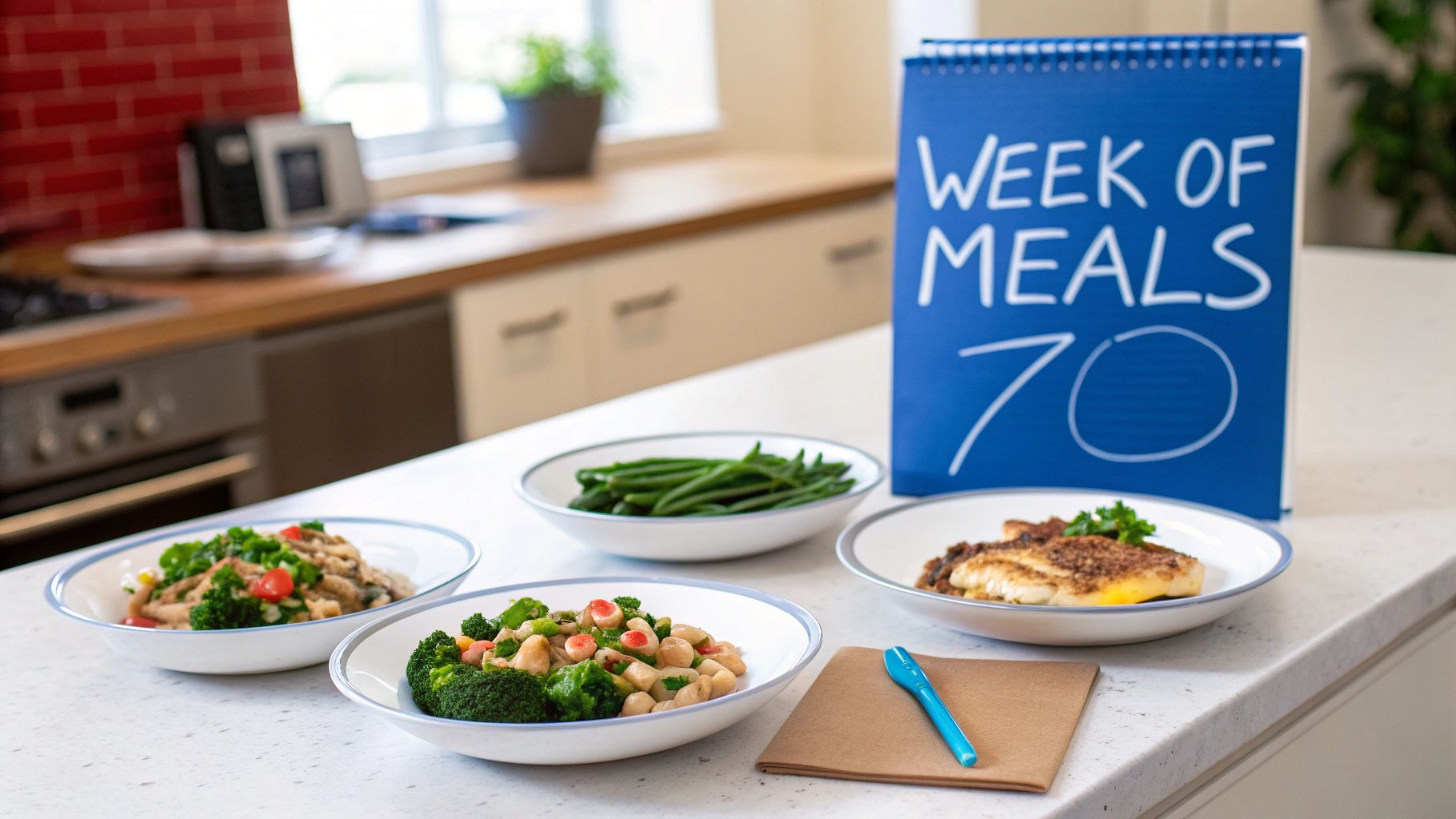 Multiple healthy prepped meals and a blue meal plan binder on a white kitchen counter.