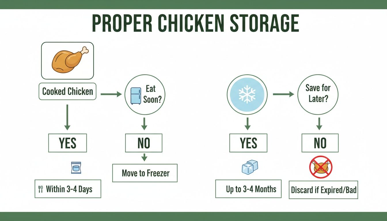 A flowchart illustrating proper storage for cooked chicken, including refrigeration time, freezing options, and when to discard.