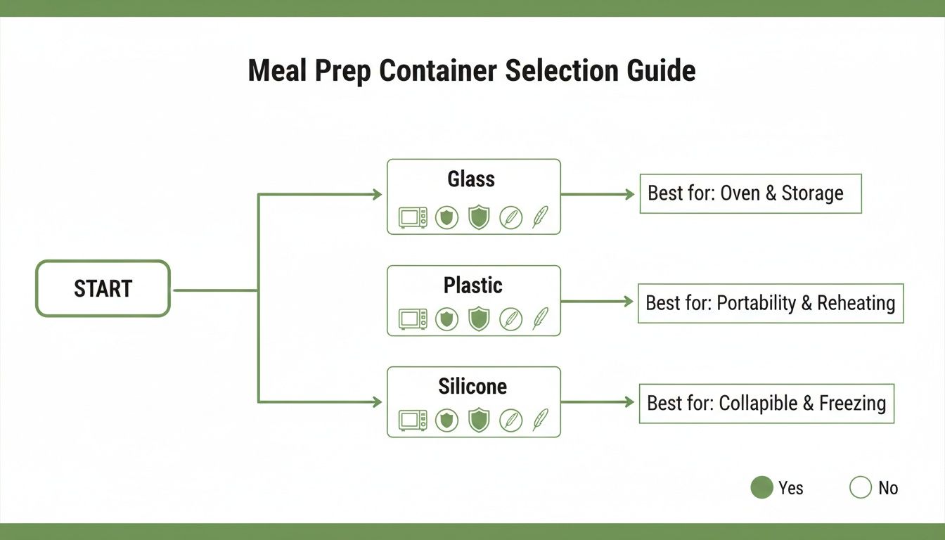 Flowchart guide comparing glass, plastic, and silicone meal prep containers for different uses like oven, portability, and freezing.