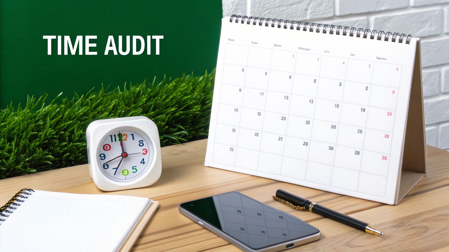 Desk with an alarm clock, calendar, smartphone, notebook, and pen, with 'TIME AUDIT' text.