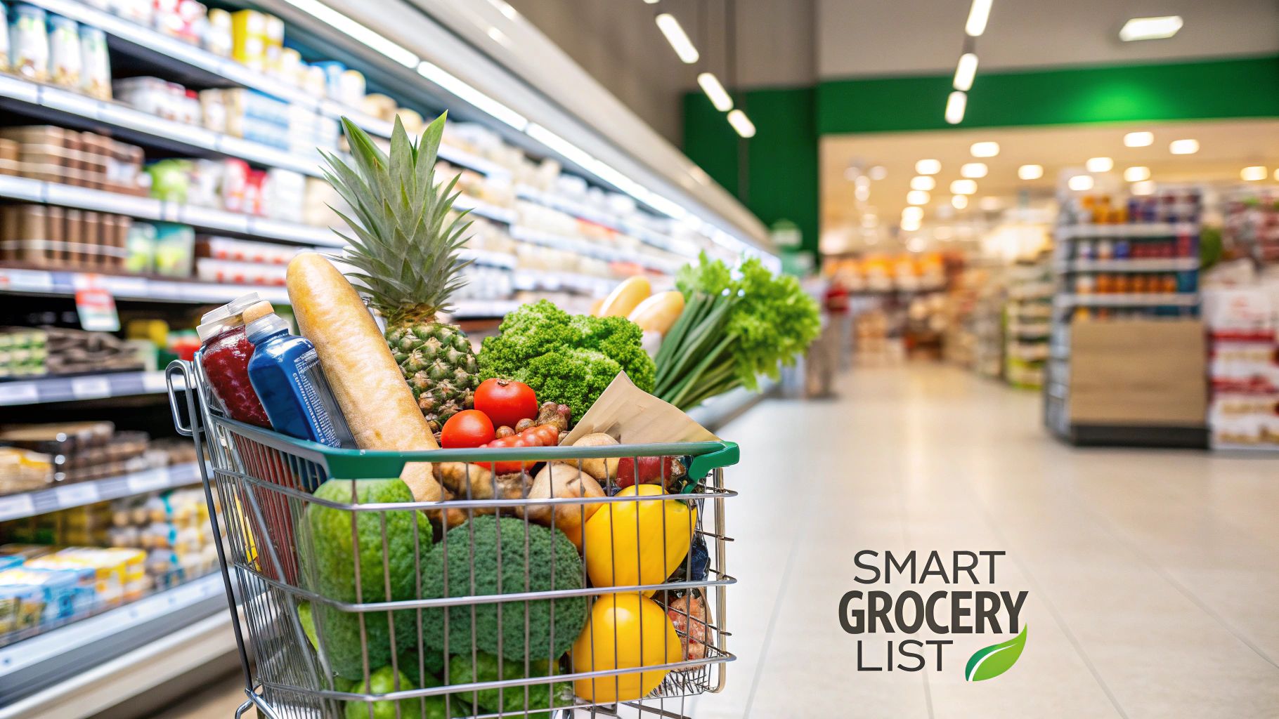 A colorful flat lay of fresh vegetables, grains, and legumes on a wooden surface, representing a smart grocery haul.
