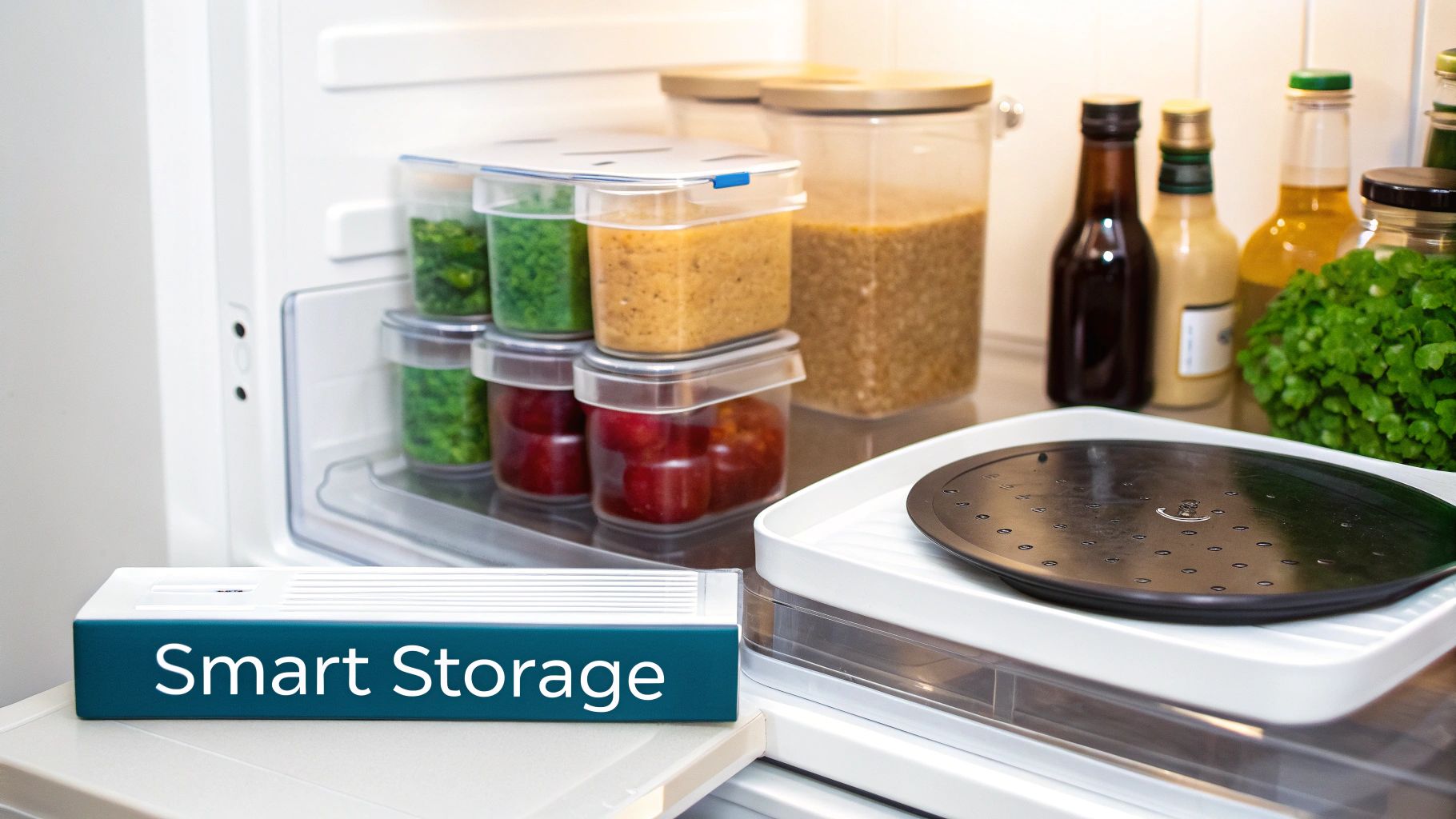 An open refrigerator featuring clear, organized food containers, various bottles, and a 'Smart Storage' box.