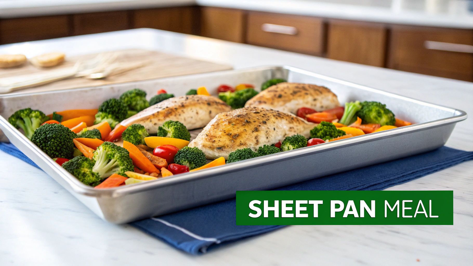 A sheet pan meal with seasoned chicken breasts, roasted broccoli, carrots, and cherry tomatoes.