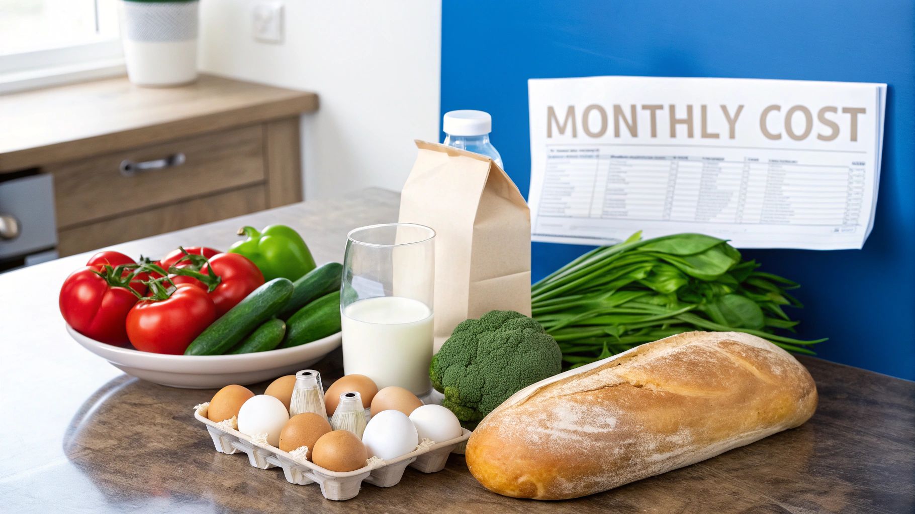 A table filled with fresh groceries like vegetables, eggs, milk, and bread, next to a monthly cost sheet.