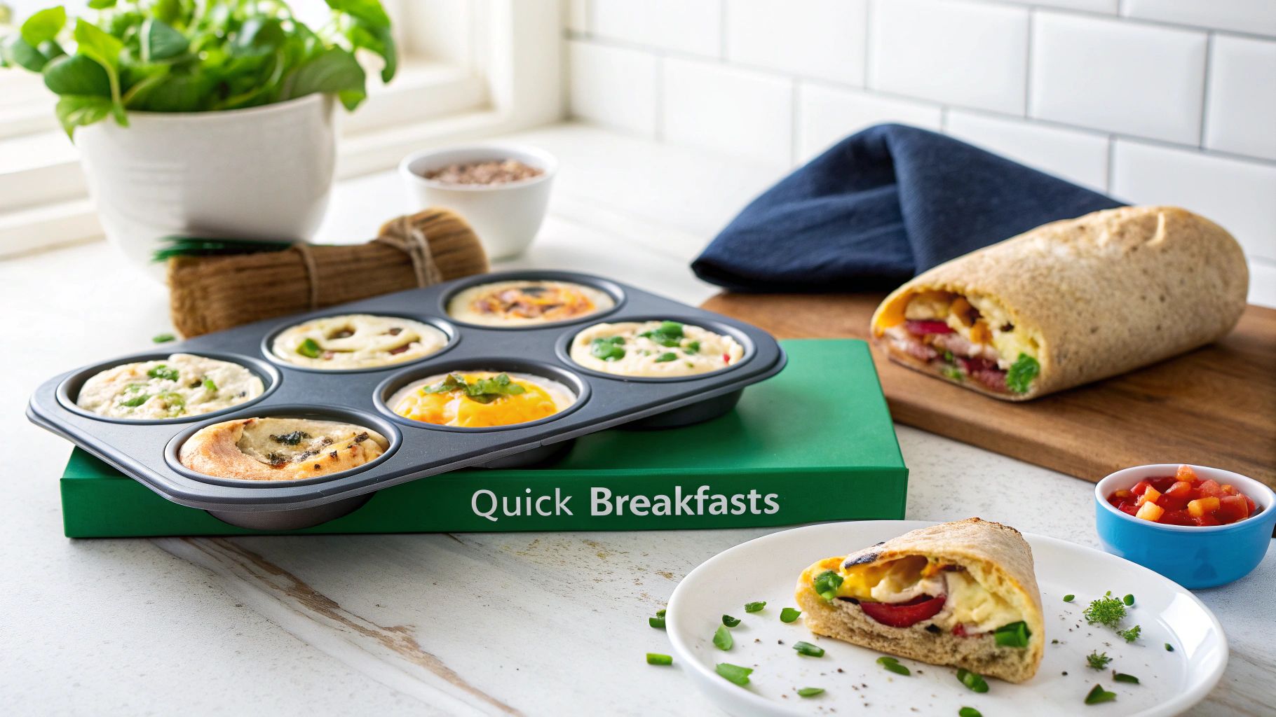 A muffin tin with egg bites and a breakfast burrito on a cutting board, perfect for quick meal prep.