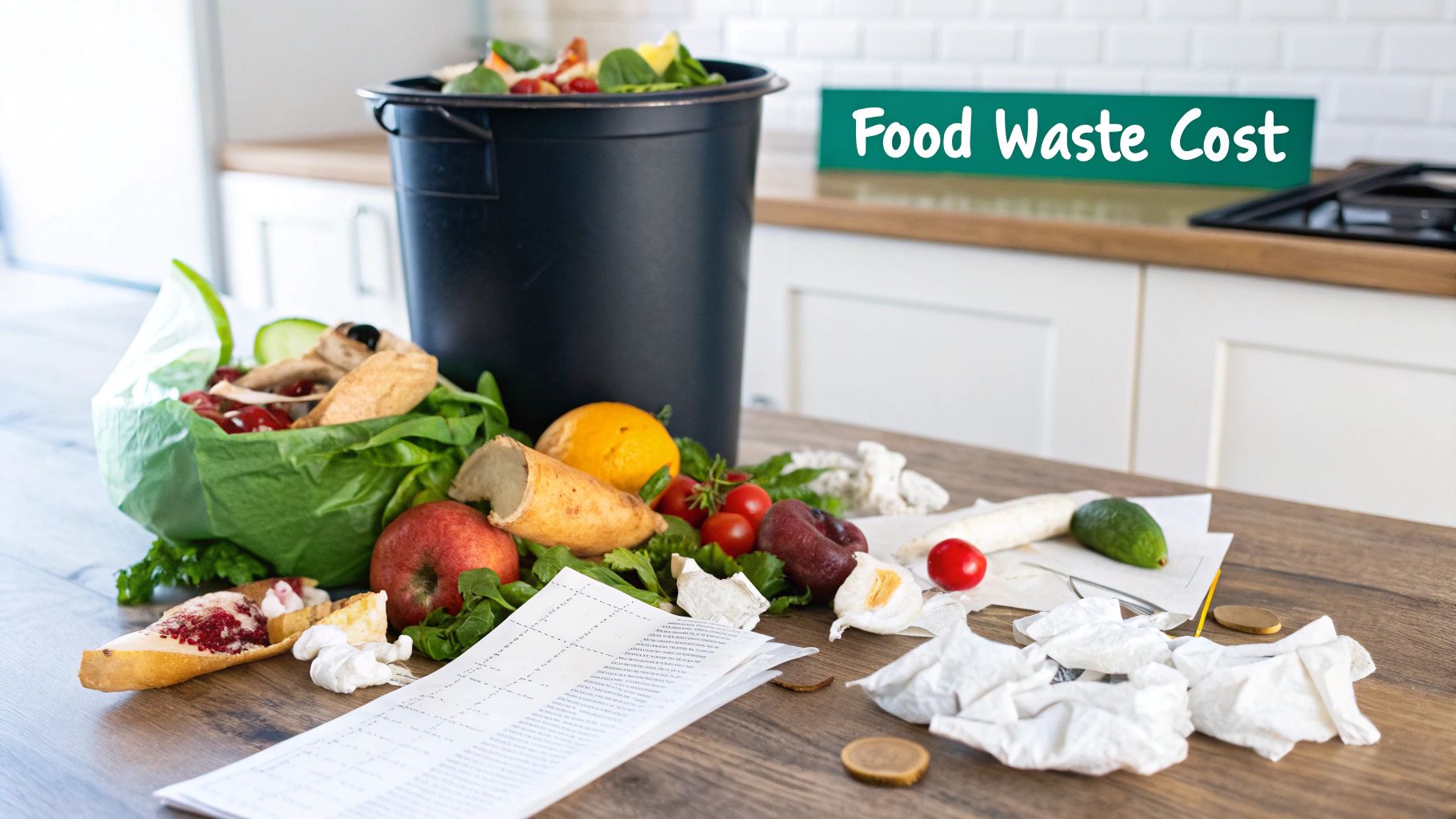 A kitchen counter filled with discarded food, a bin, bills, and coins, illustrating the cost of food waste.
