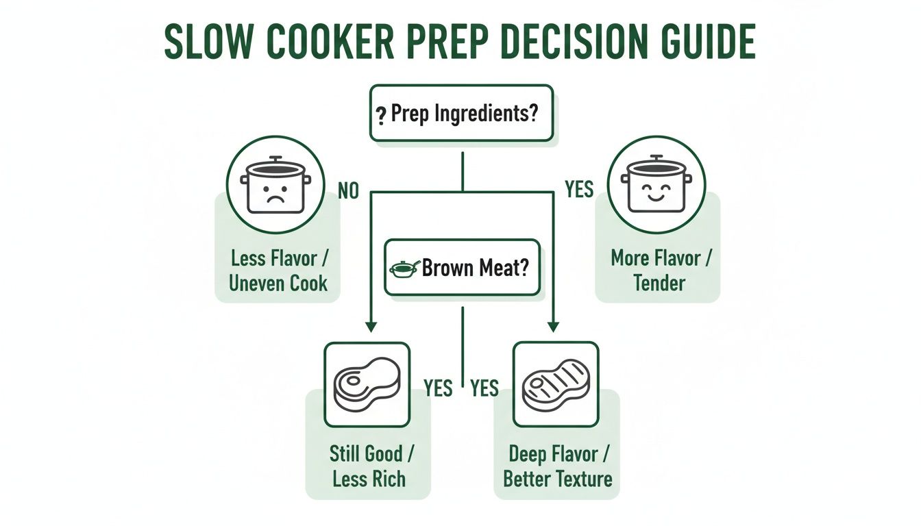 A slow cooker prep decision guide explaining the benefits of preparing ingredients and browning meat.