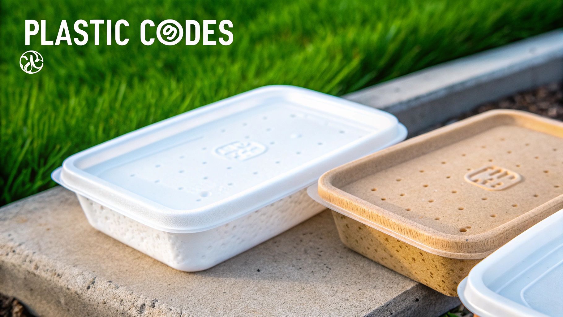 Three rectangular food or plant containers, one white and two beige, with perforated lids, sitting on concrete outdoors.
