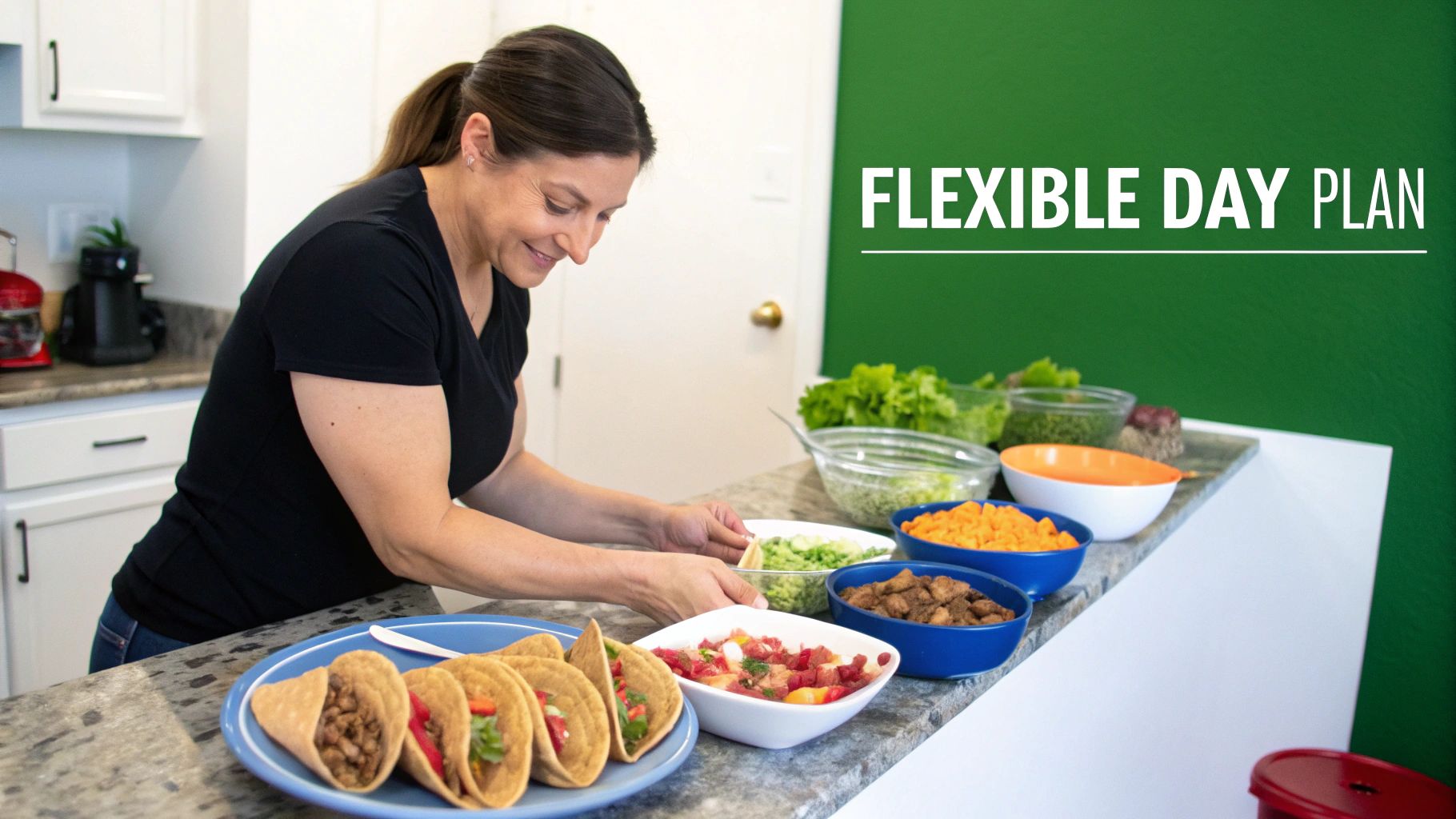 A smiling woman prepares a healthy meal, assembling tacos with fresh ingredients in a kitchen.