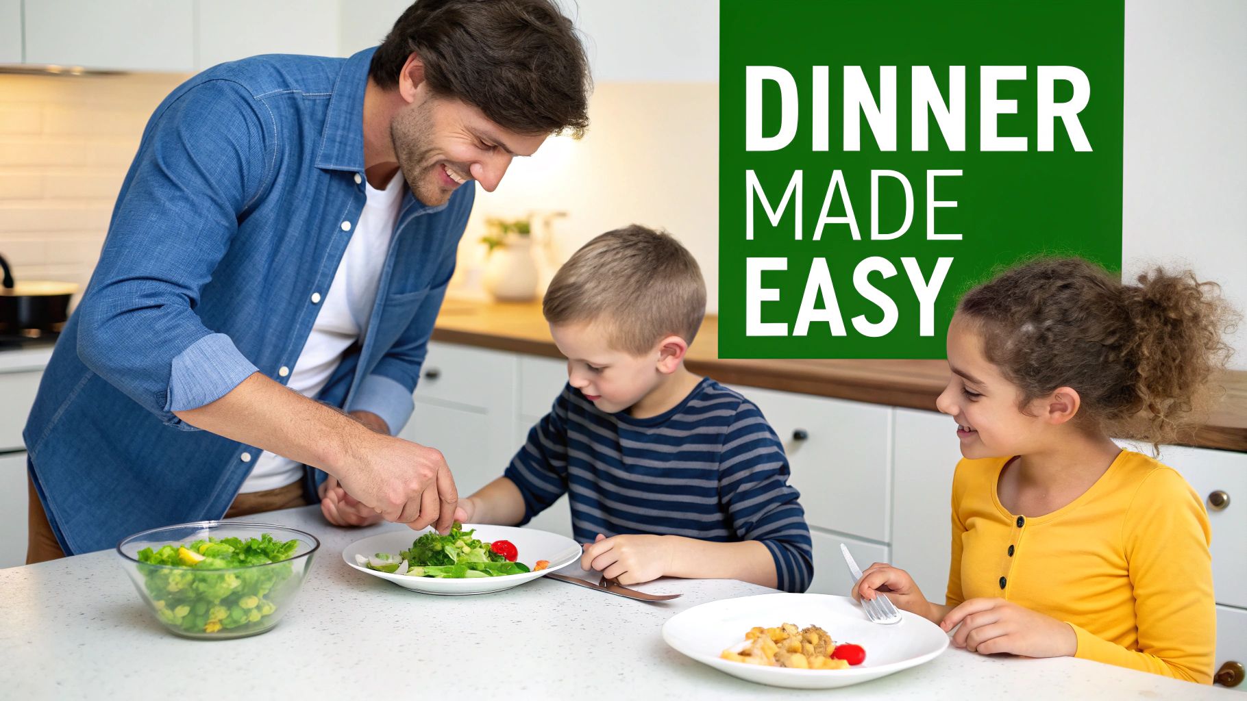 A smiling father serves a healthy salad to his happy children in a modern kitchen.