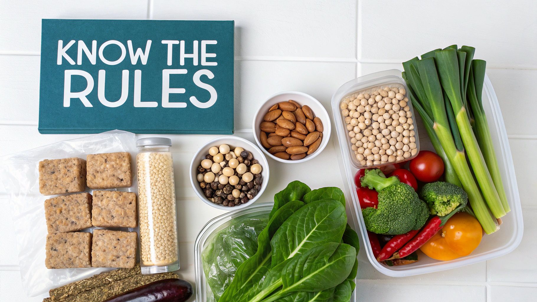 Various healthy vegan meal prep ingredients like vegetables, nuts, grains, and snacks on a white table.