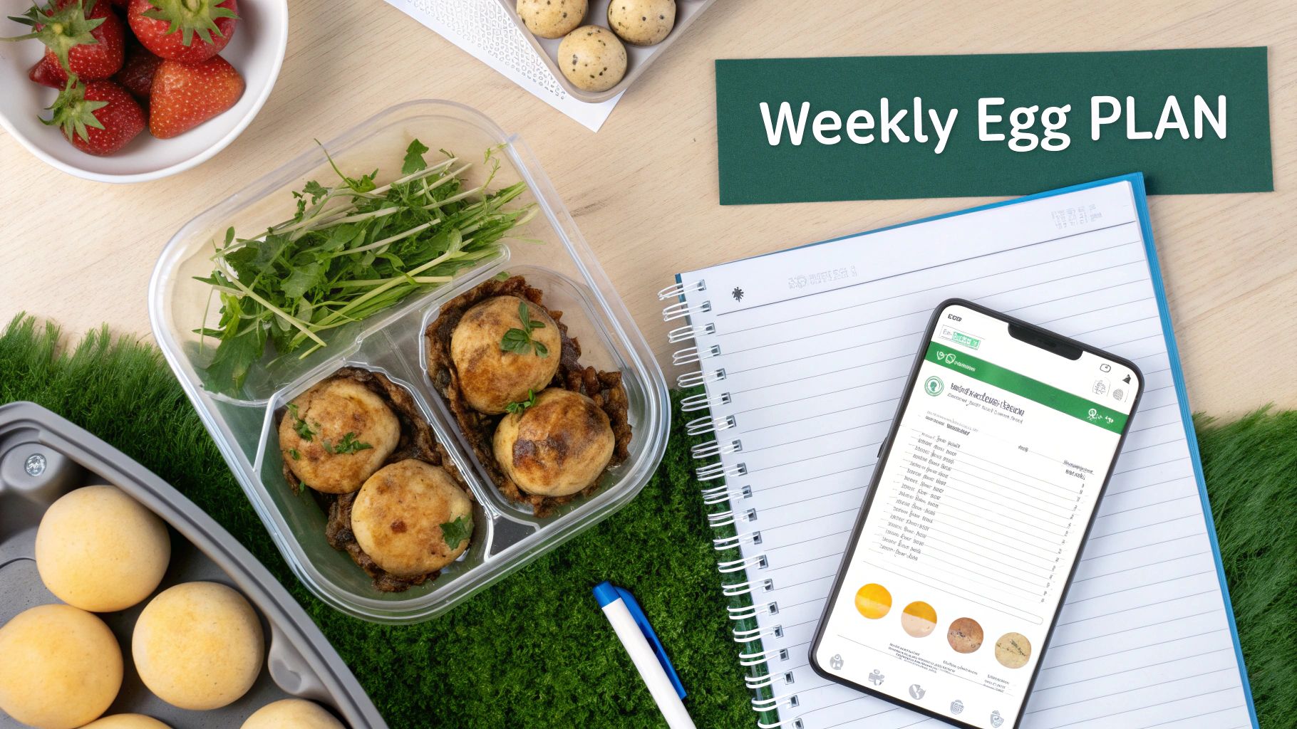 Overhead shot of a weekly egg meal plan with prepared food, fresh produce, and a smartphone app.