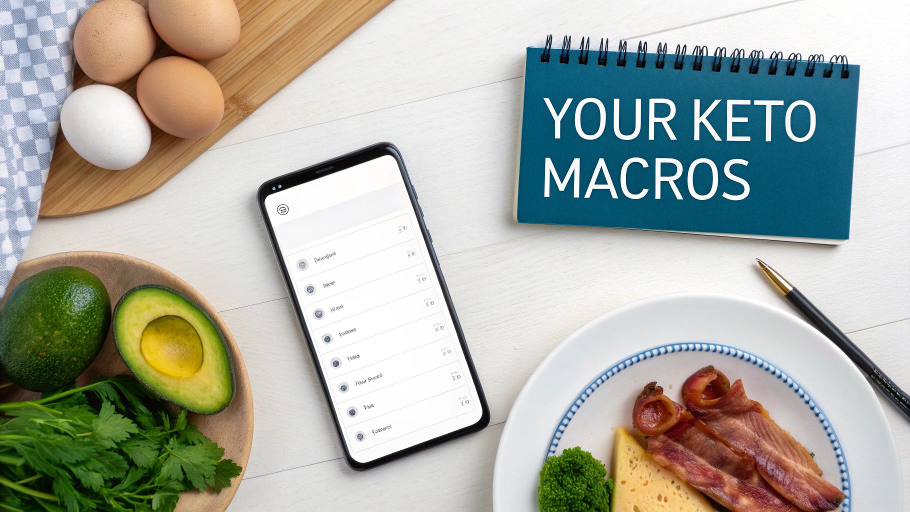 Overhead view of a keto diet meal with eggs, avocado, bacon, cheese, and a 'YOUR KETO MACROS' notebook.