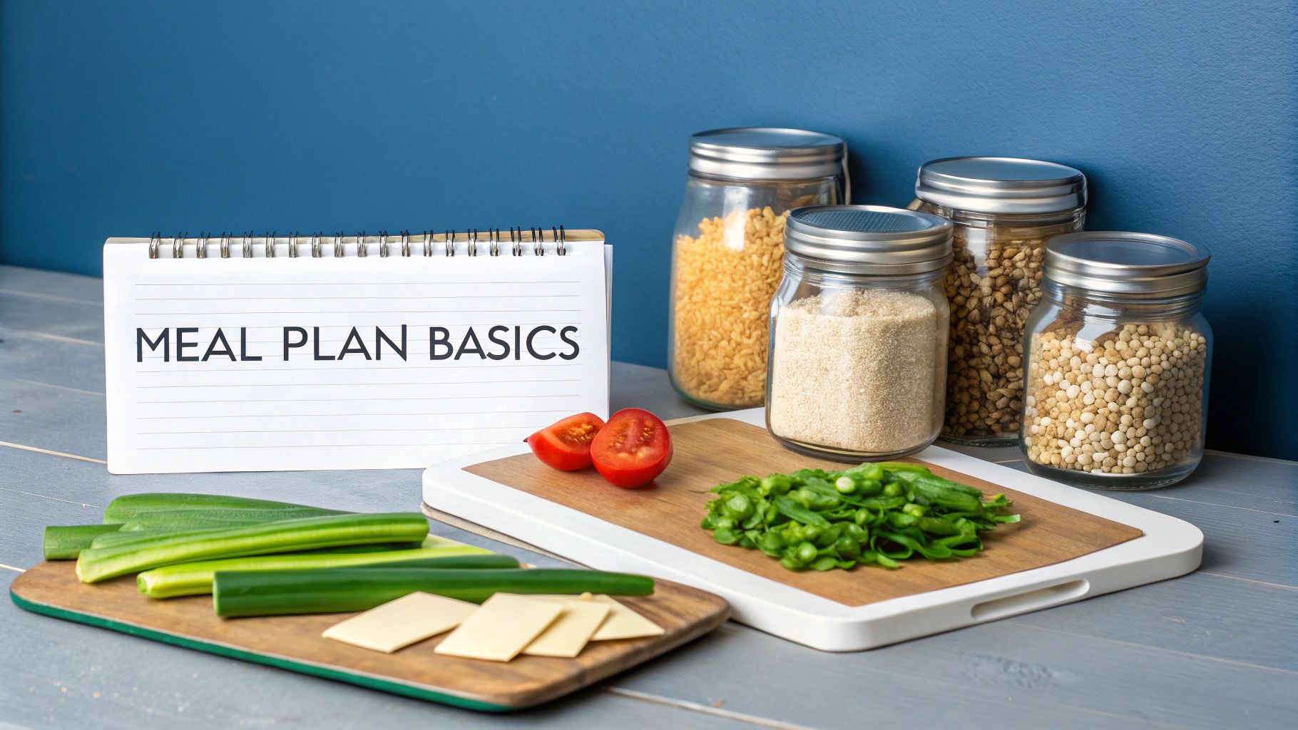 A 'Meal Plan Basics' notebook surrounded by fresh vegetables, cheese slices, and jars of dry ingredients for cooking.