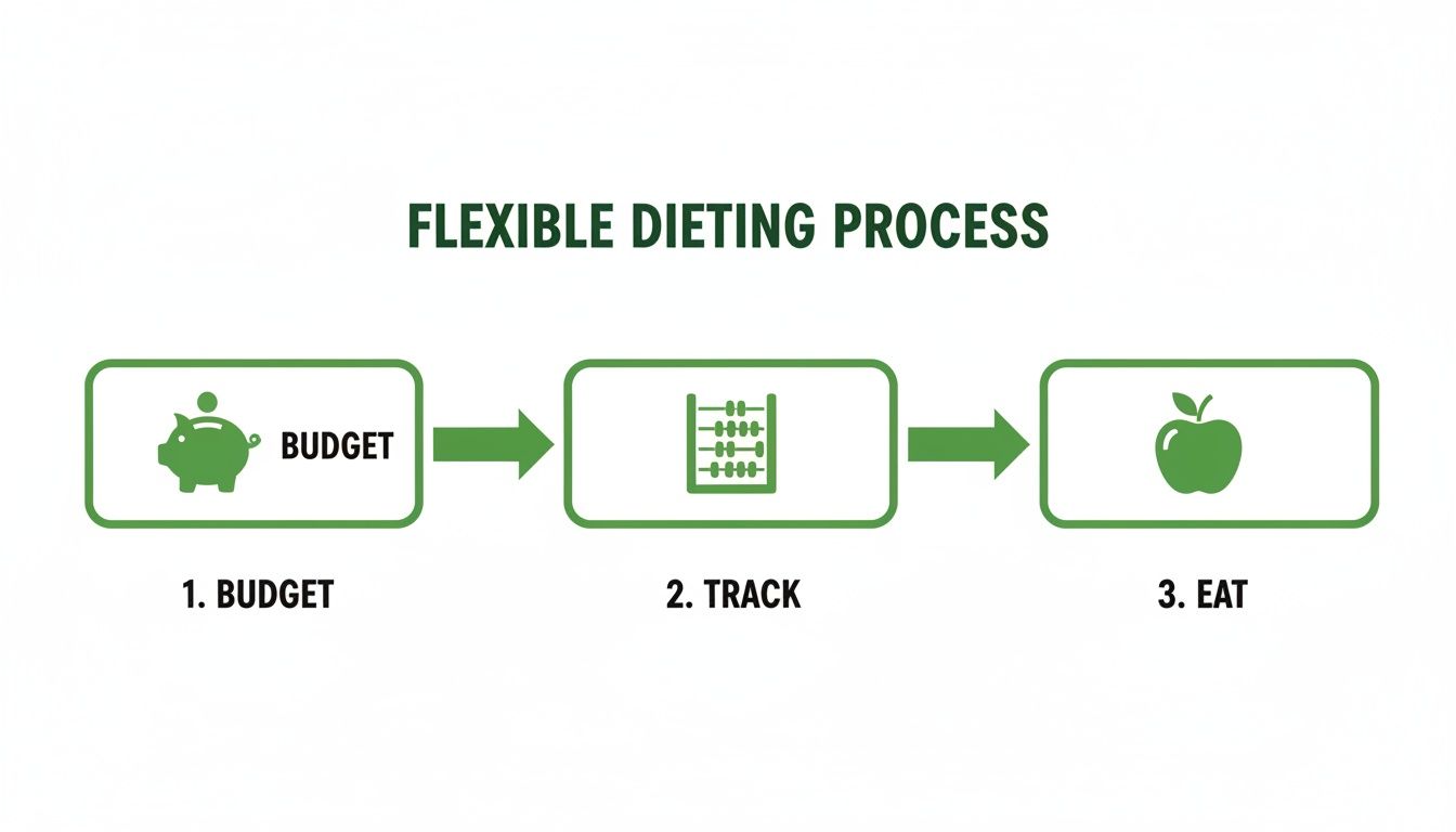 A flowchart illustrates the flexible dieting process: 1. Budget (piggy bank), 2. Track (abacus), 3. Eat (apple).