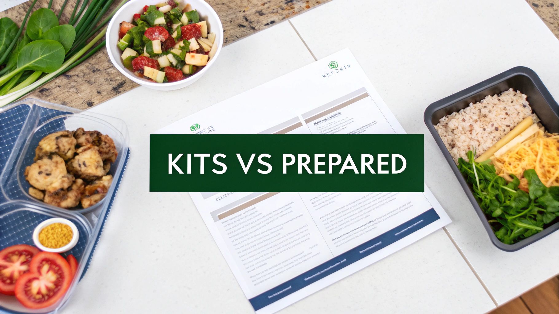 Overhead shot showcasing meal kits, prepared food containers, fresh ingredients, and a document on a table.