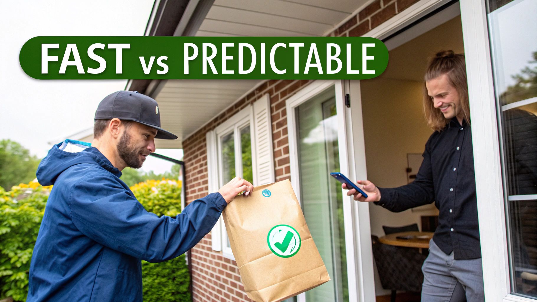 A delivery person hands a package with a green checkmark logo to a smiling customer at a doorstep.