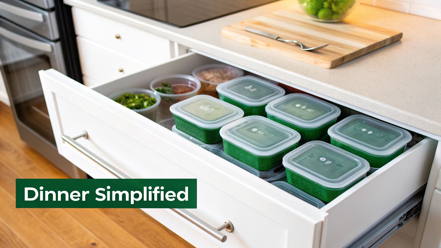 An open kitchen drawer filled with numerous green meal prep containers, ready for simplified cooking.