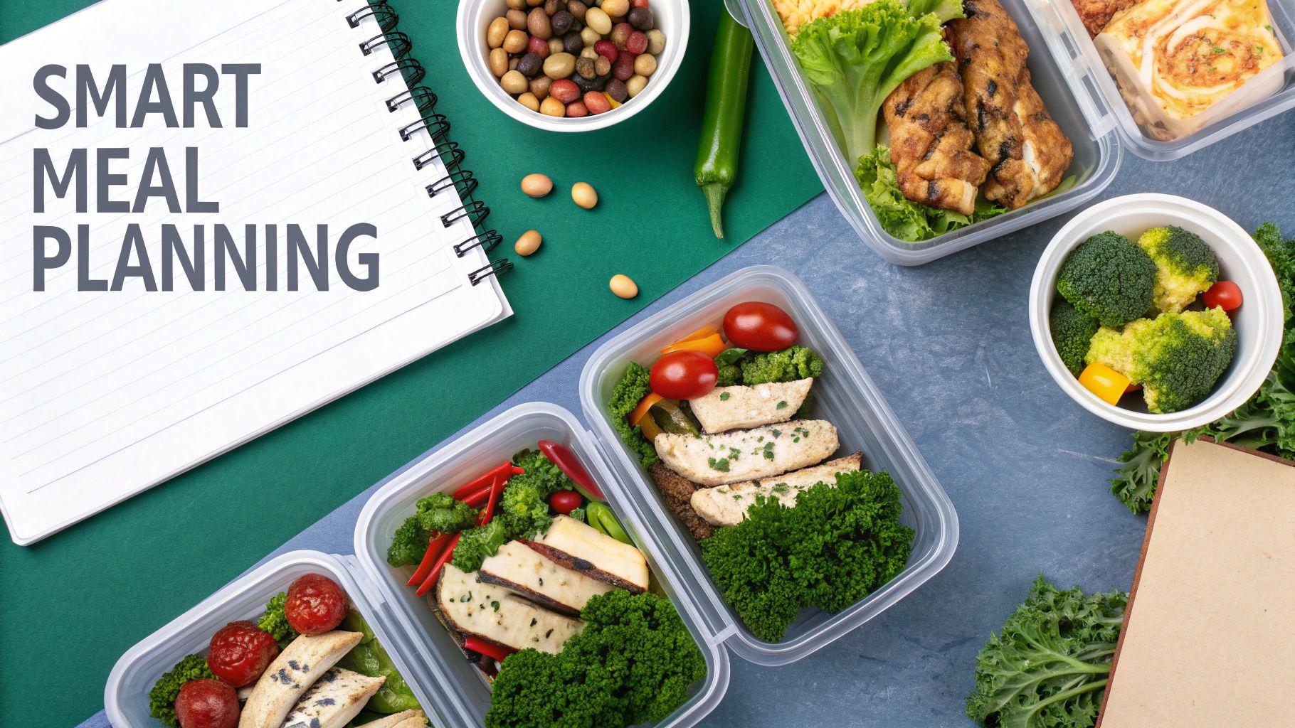 A person happily looking at a tablet displaying a meal plan while fresh vegetables and fruits are arranged on the kitchen counter.