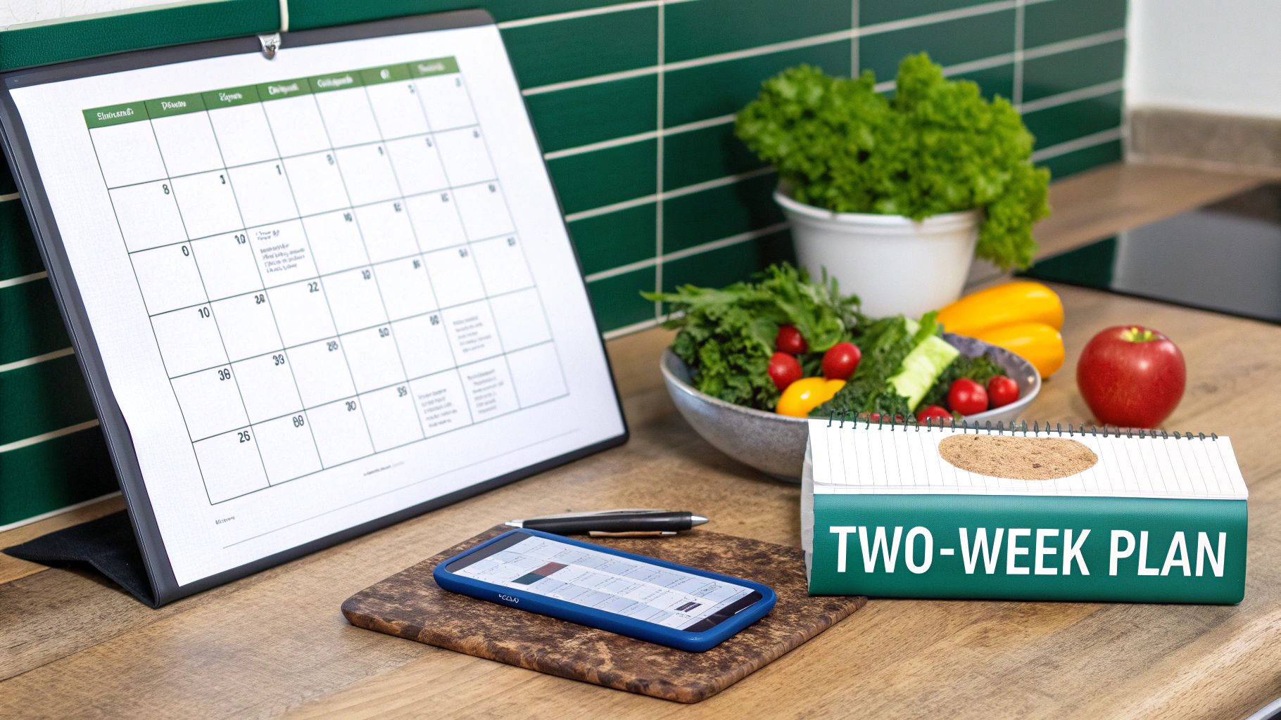A colorful assortment of fresh vegetables and meal prep containers, representing the organization of a two-week meal plan.
