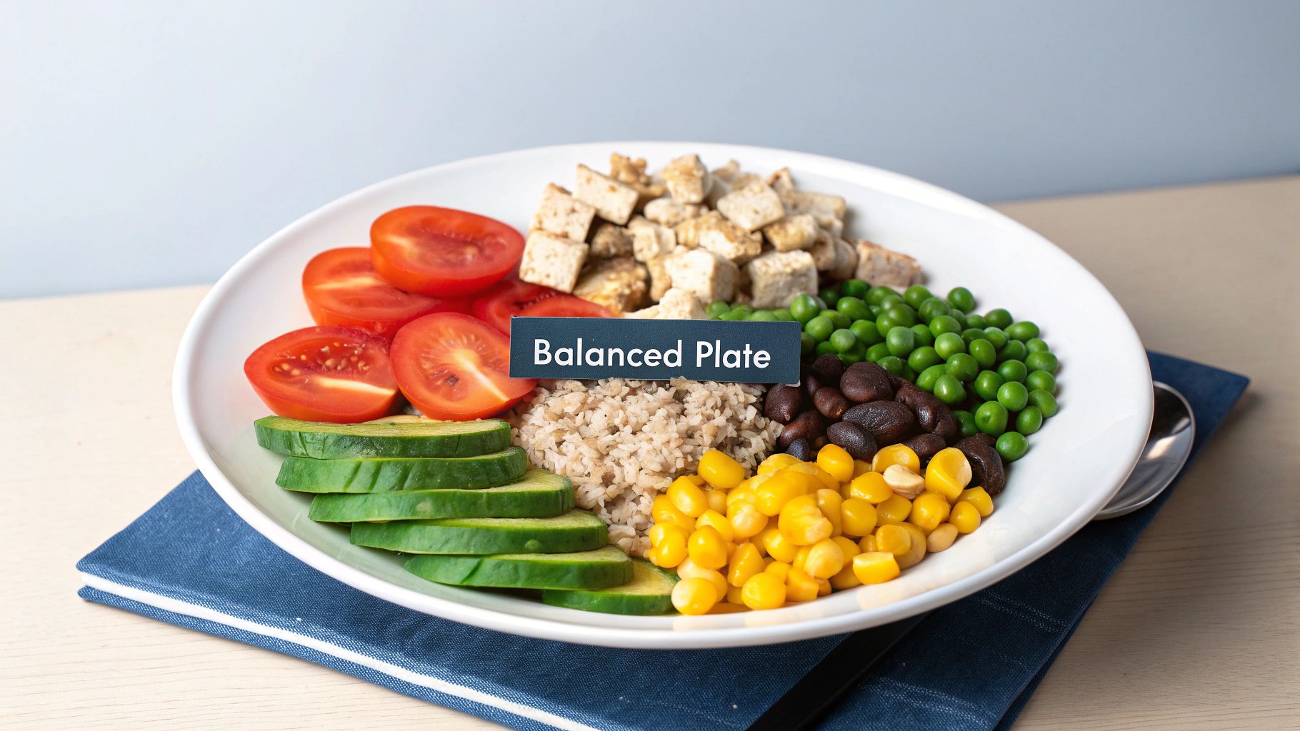 A white plate filled with a balanced meal including sliced tomatoes, cucumbers, brown rice, black beans, peas, corn, and diced tofu.