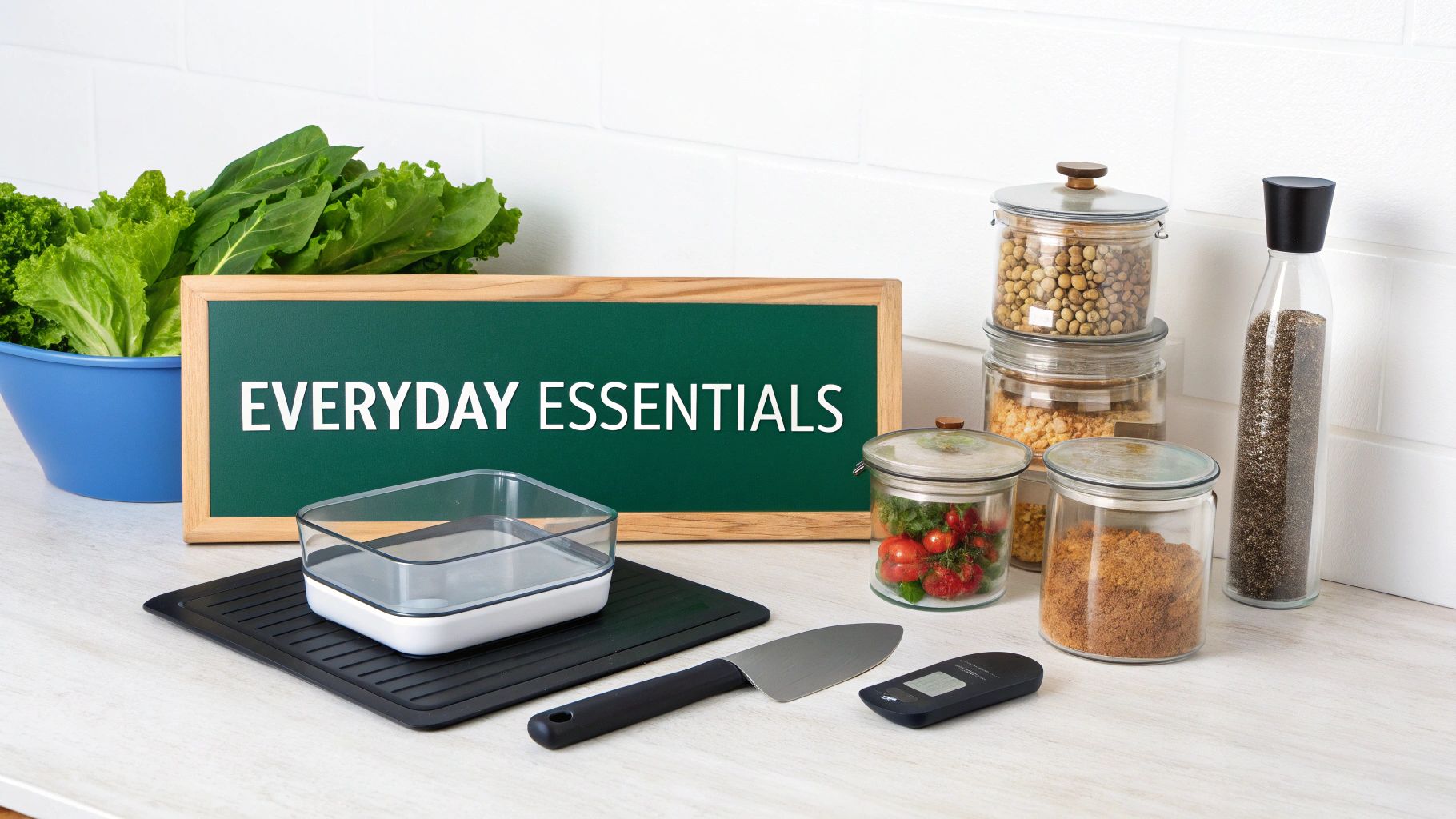 A collection of everyday kitchen essentials, including fresh produce, food storage containers, and tools.