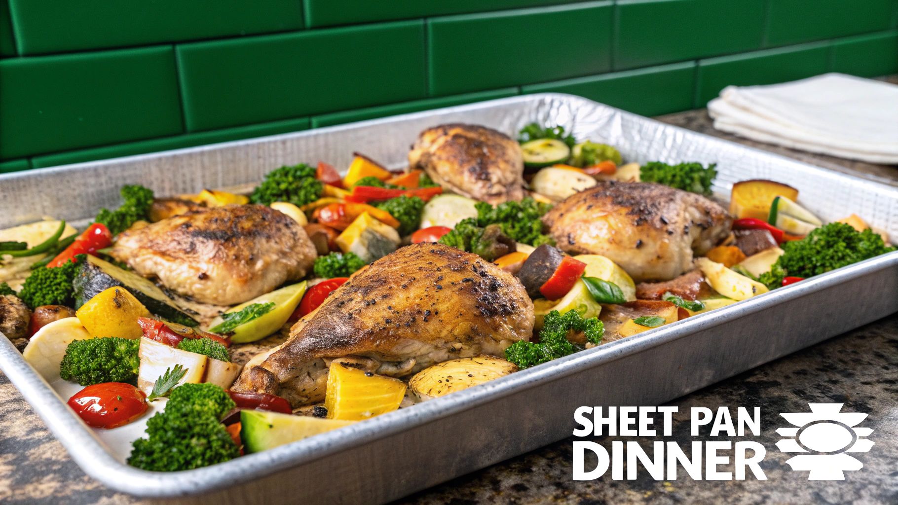 A delicious-looking sheet pan dinner with chicken and colorful vegetables.