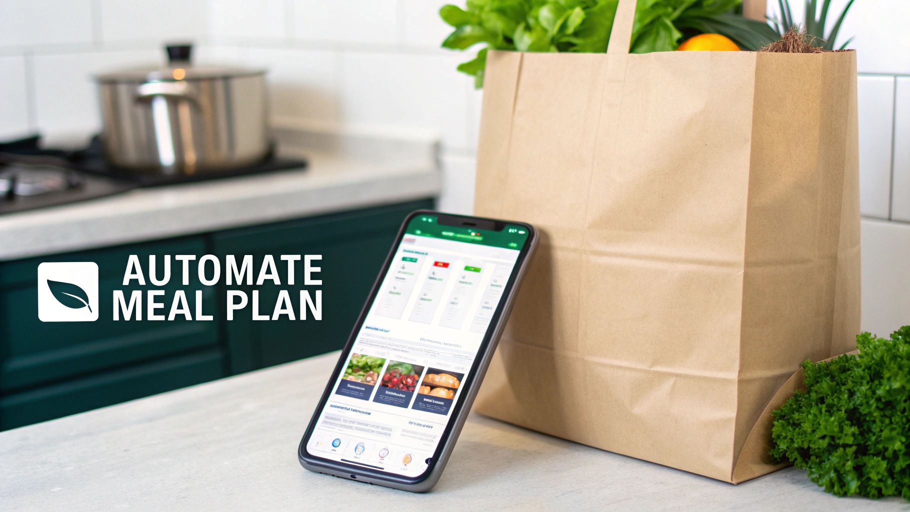 A smartphone displaying a meal planning app next to a grocery bag filled with fresh produce in a kitchen.